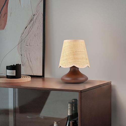 TAKEGO Viantage - Lámpara de mesa pequeña con base de madera, pantalla de ratán, mini lámpara de mesa de noche para encimera de cocina, lámpara de