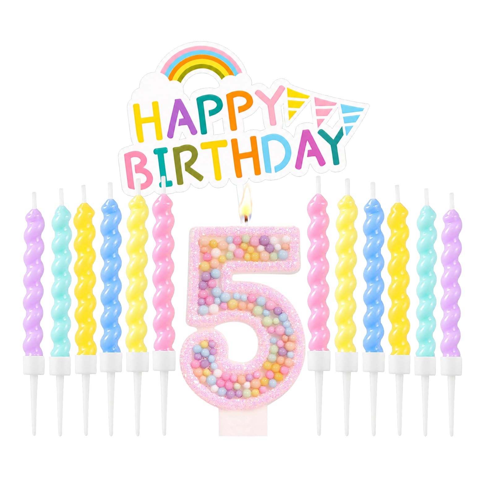 Number Birthday Candles Set with Rainbow Cake Decoration, Macaron Cake Toppers with 12pcs Pastel Spiral Candles for Boys Girls Birthday Party Supplies & Anniversary（Pink, 5 Candle）