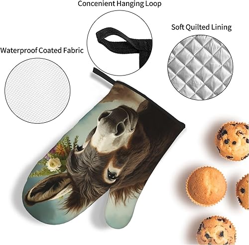Miniatura 5 de Juego de 4 guantes de horno y soportes para ollas con estampado de animales burros, resistentes al calor, antideslizantes, guantes de horno y