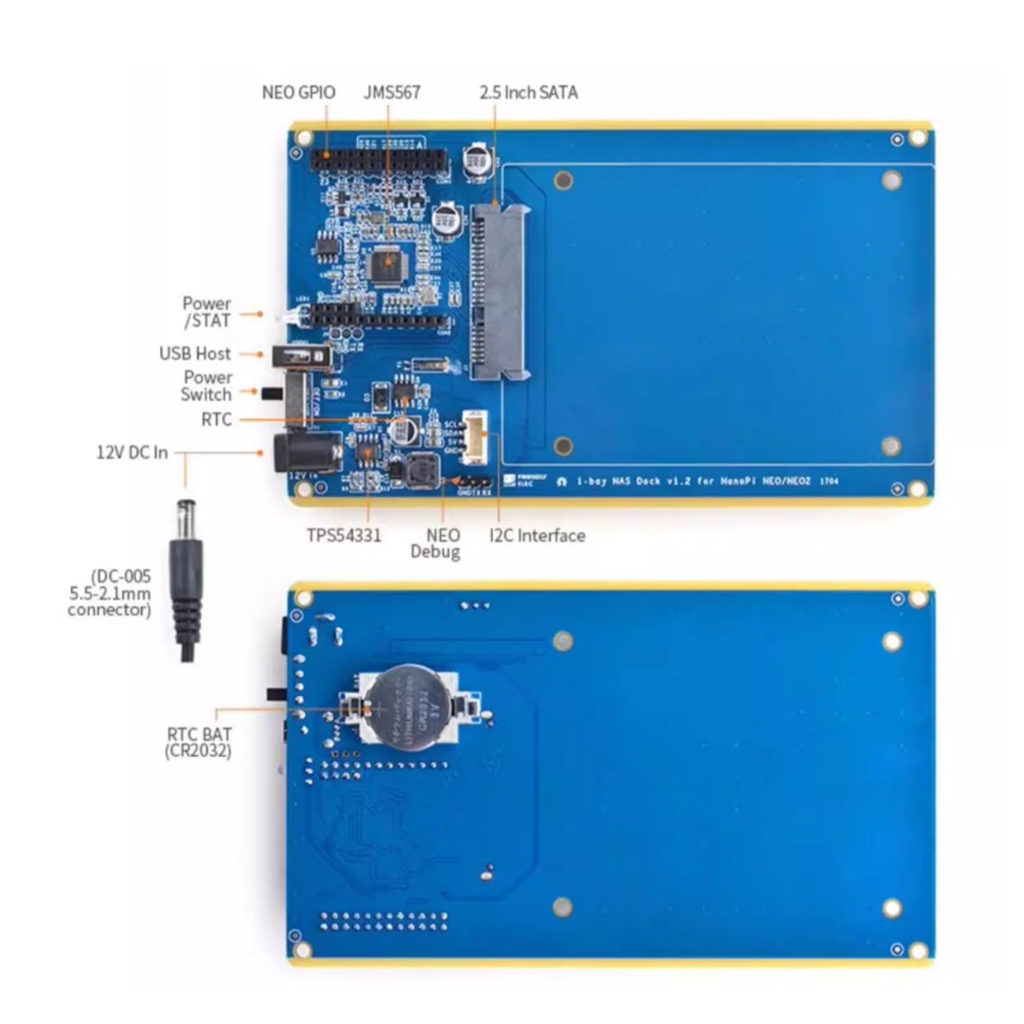 Station de stockage réseau NAS pour NanoPi NEO/NEO2, 2,5" SATA, hôte USB, RTC, 12 V DC, interface I2C, bleu, 151 x 76,4 x 28 mm (kit de base NEO-NAS)