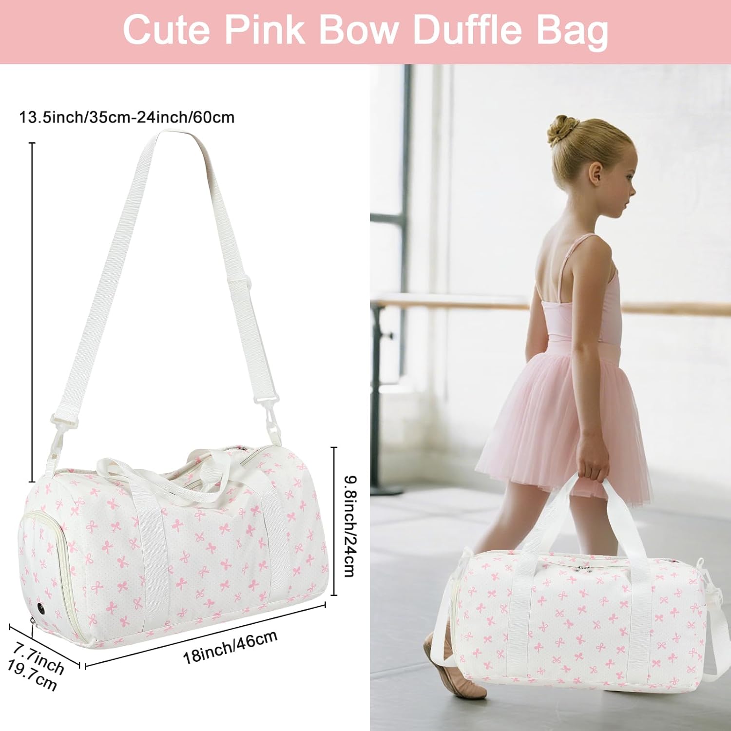 BTOOP Duffle Bag for Girls Kids Gym Sports Women Workout Travel Bag Weekender with Shoe Compartment and Wet Pocket (Pink Bow) - Image 2