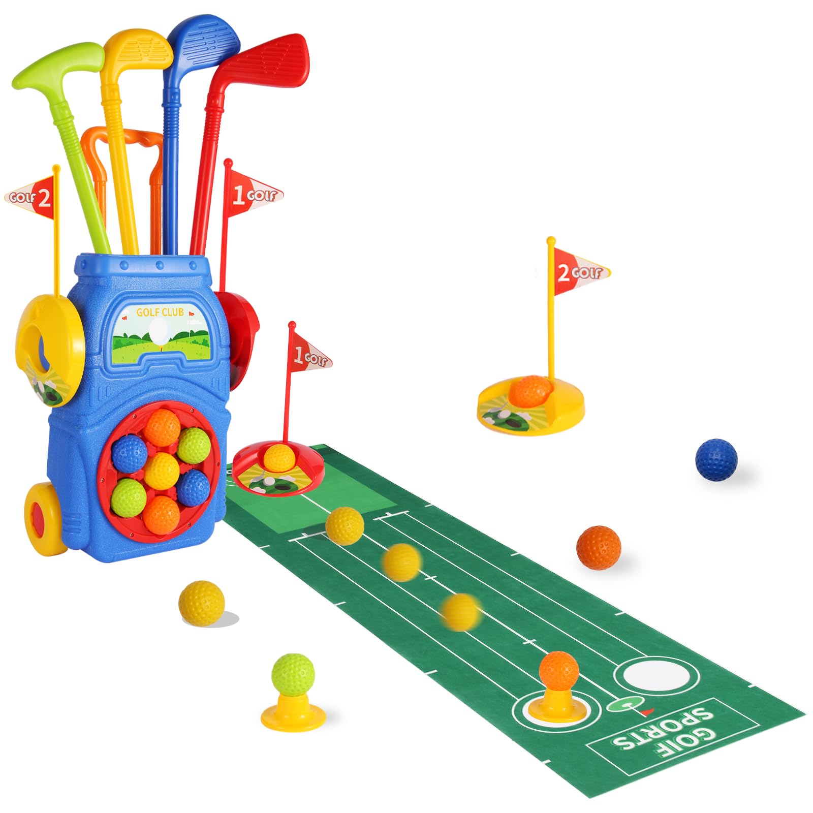 iFunLong Kids Golf Set | Toddler Golf Set with 7 Balls, 4 golf clubs, 2 Practice Holes1 Golf Mat & Golf Cart | Safe, Non-Toxic Material | Perfect for Toddlers & Children Ages 3-5