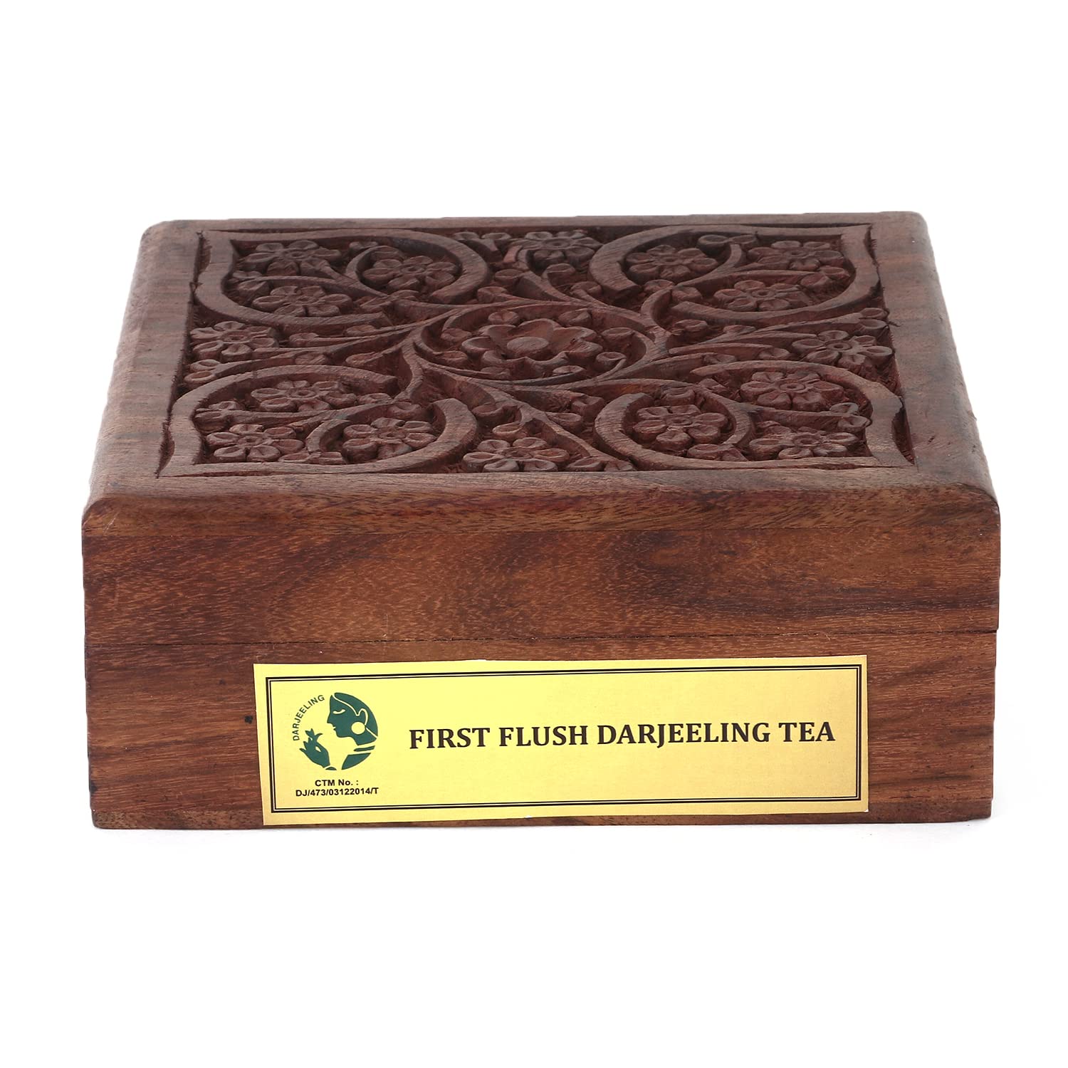 INDOCHA Darjeeling First Flush Black Tea in Handcrafted Wooden Decorative Gift Box with Beautiful Velvet Bag | Premium Long Leaf | Full Carving Box | 100g | Makes 50 Cups | Rich in Anti-oxidants |