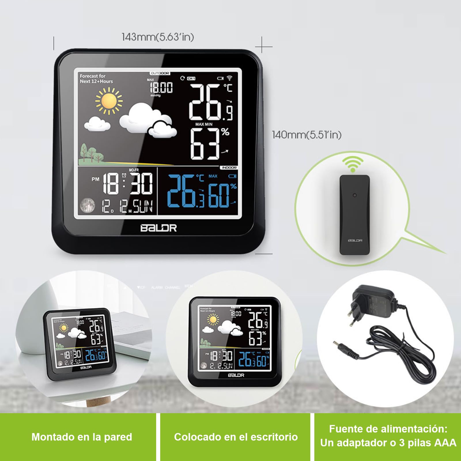 Estación Meteorológica Inalámbrica con Termómetro para Interior y Exterior, Pantalla Digital VA con Sensor Remoto, con Pronóstico del Tiempo, Temperatura, Humedad, Reloj Atómico y Fases Lunares