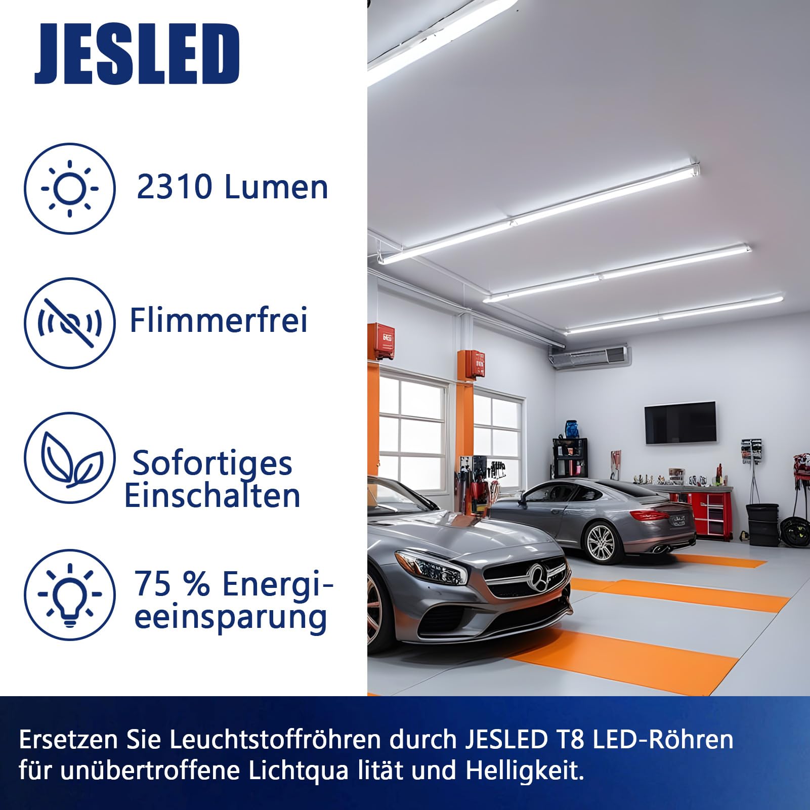 JESLED 2er Pack LED Röhre 120cm T8 G13-14W, 4000K, 2310 Lumen - PC-Material, hohe Lichtausbeute, inkl. Starter - Ideal für Büro, Supermarkt, Lagerhalle
