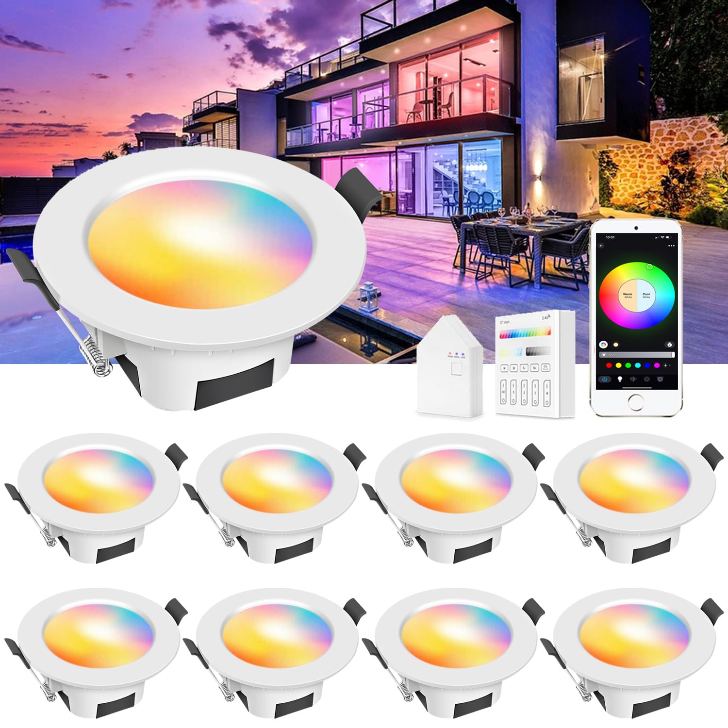 INDARUN5W 350LM WiFi Led Downlights for Ceiling Dimmable RGBW, Bluetooth Recessed Ceiling Lighting for Living Room, Kitchen, KTV, Bars, Compatible with Amazon Alexa/Google Home (10 Packs)