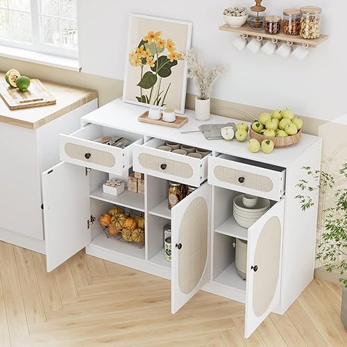 Miniatura 4 de FOTOSOK Gabinete de buffet gabinete de cocina de ratán con 3 puertas y 3 cajones aparador con almacenamiento y estantes ajustables mesa de buffet de