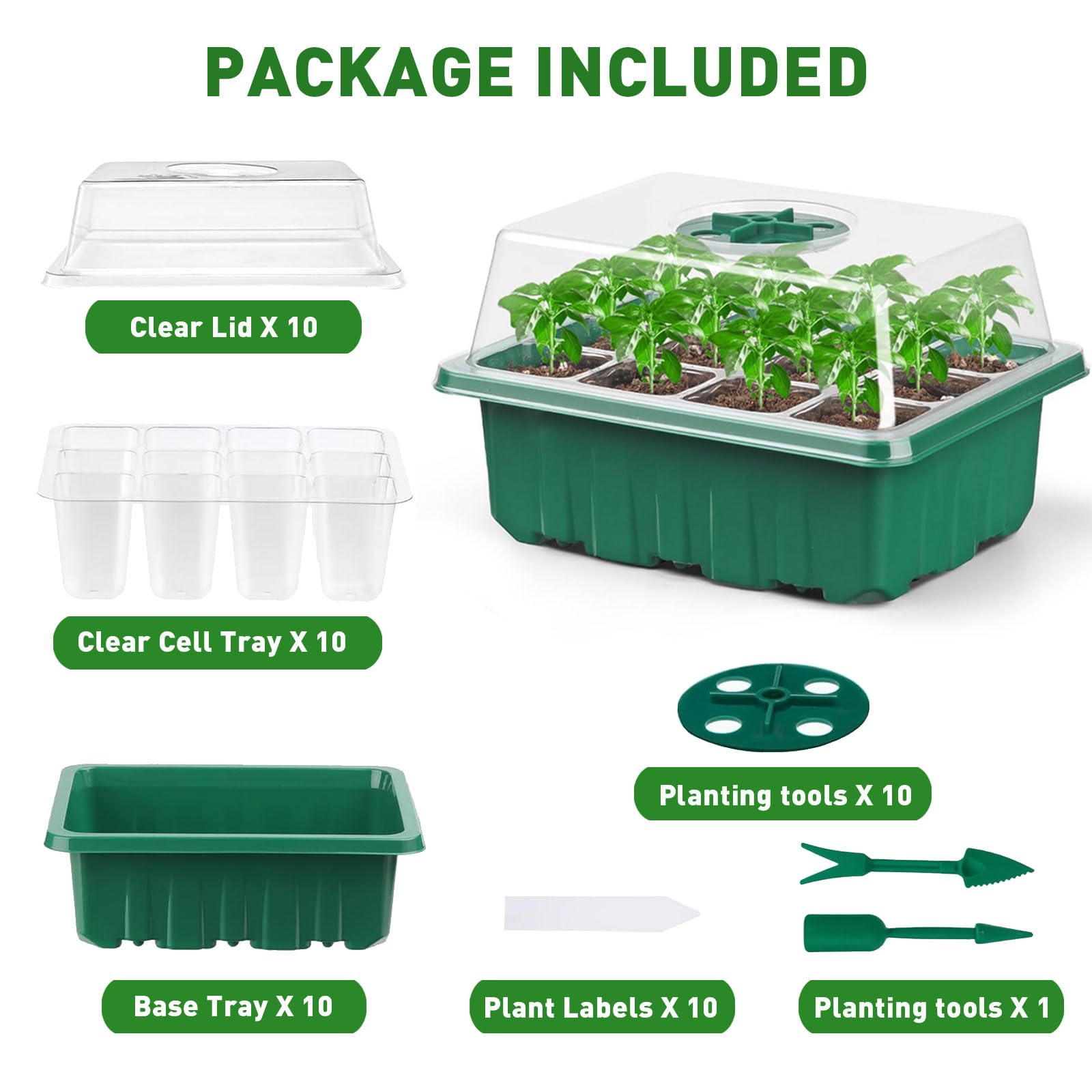 Seed Trays - 10 Pack 120 Cells Propagator Growing Thicken Seedling Starter Growing Trays with Clear Lids, Tools & Labels for Greenhouse & Gardens(10 Set) — view 7