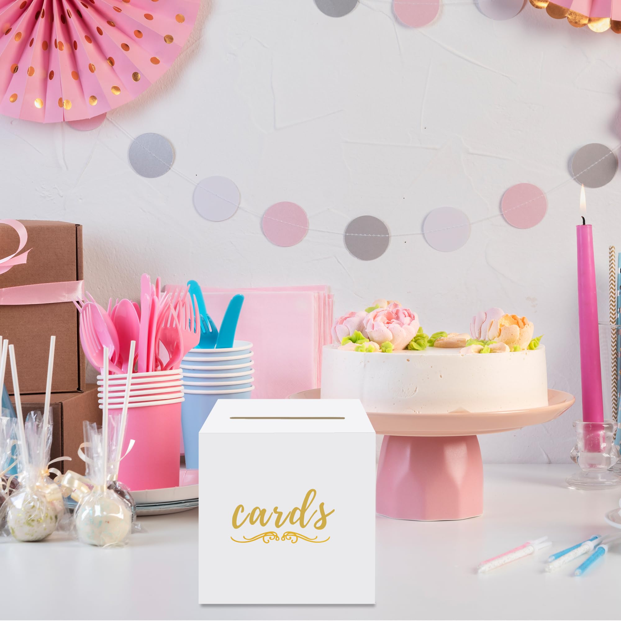 White & Gold Card Box For Parties - 7.8" Cube With Slot For Wedding, Graduation, Baby Shower Cards, Gift Or Ballot Box - View #5