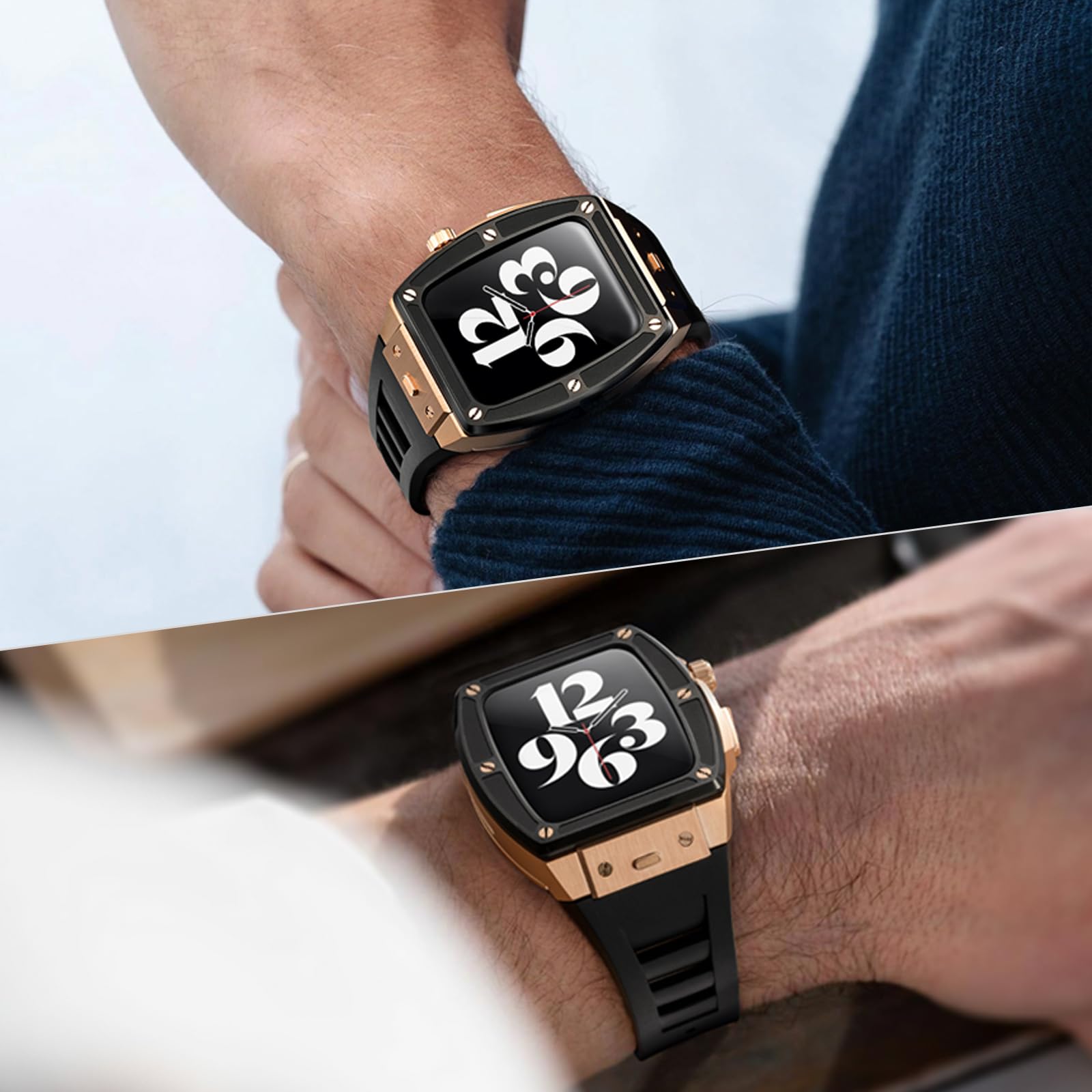 RYUEUYA - Carcasa de acero inoxidable y correa de piel para Apple Watch Series 9, 8, 7, 6 SE, 44/45 mm, funciones tácticas y correa de cambio rápido para iWatch