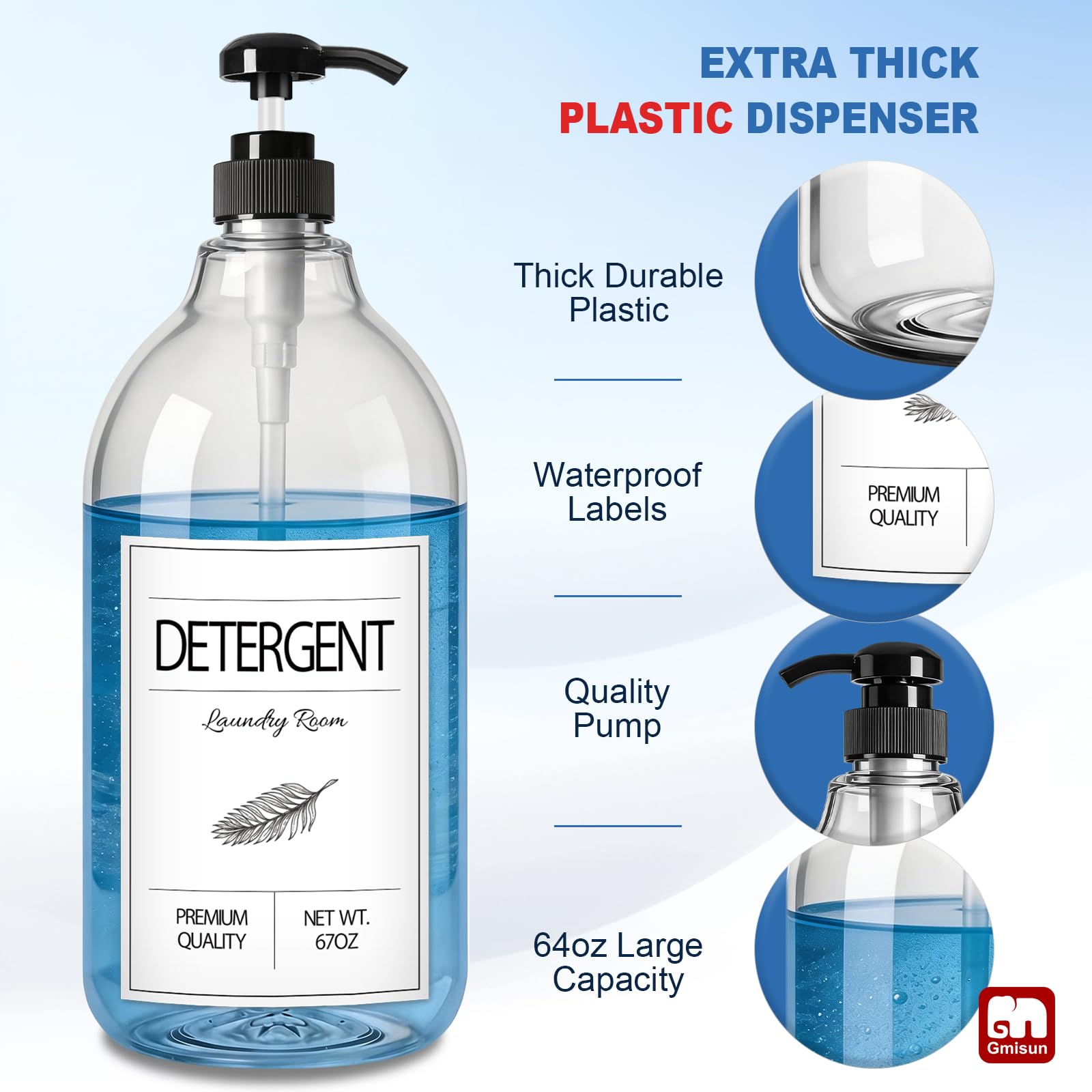 GMISUN Dispensador de jabón detergente para lavandería, dispensador de detergente líquido, contenedor para decoración de lavandería, organizador para detergente líquido, botella de almacenamiento de