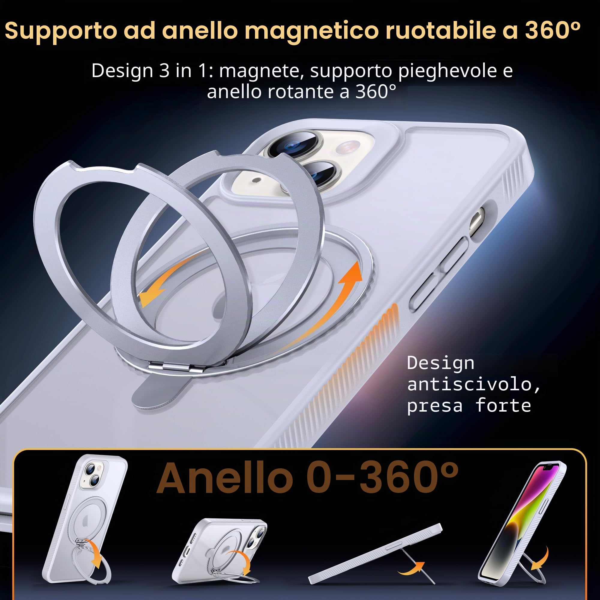 VENINGO Custodia Magnetica Per IPhone 14/13 – Compatibile MagSafe, Supporto Ad Anello, Protezione Militare, Traslucida Opaca, Nero