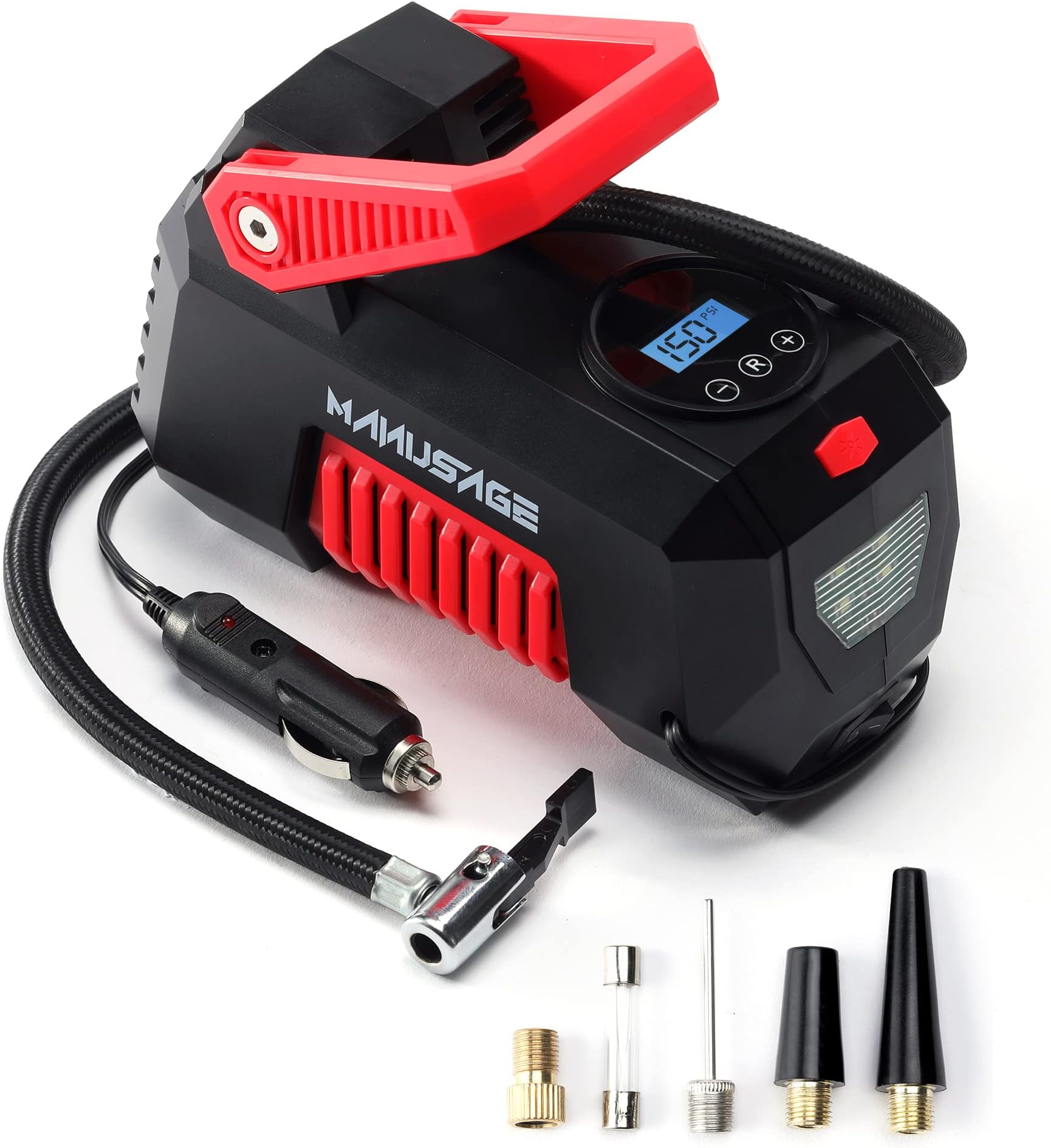 Manusage Air Compressor Tire Inflator Portable Air Pump for Car Tires, 150PSI Digital Air Compressor with LED Light 12V DC for Vehicle, Motorcycle, Bicycles, Inflate Balls