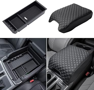 PIMCAR Compatible with Ford 2015-2020 F150, 2017-2022 F250 F350 F450, 2018-2024 Expedition Center Console Organizer & Armrest PU Leather Cover-Bucket Seat Only