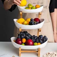 YYW 3-szintes Kerámia Gyümölcstartó Bambusz Alappal - Zöld Porcelán Tárolóállvány Konyhapultra Gyümölcsnek, Zöldségnek, Pékárunak 5
