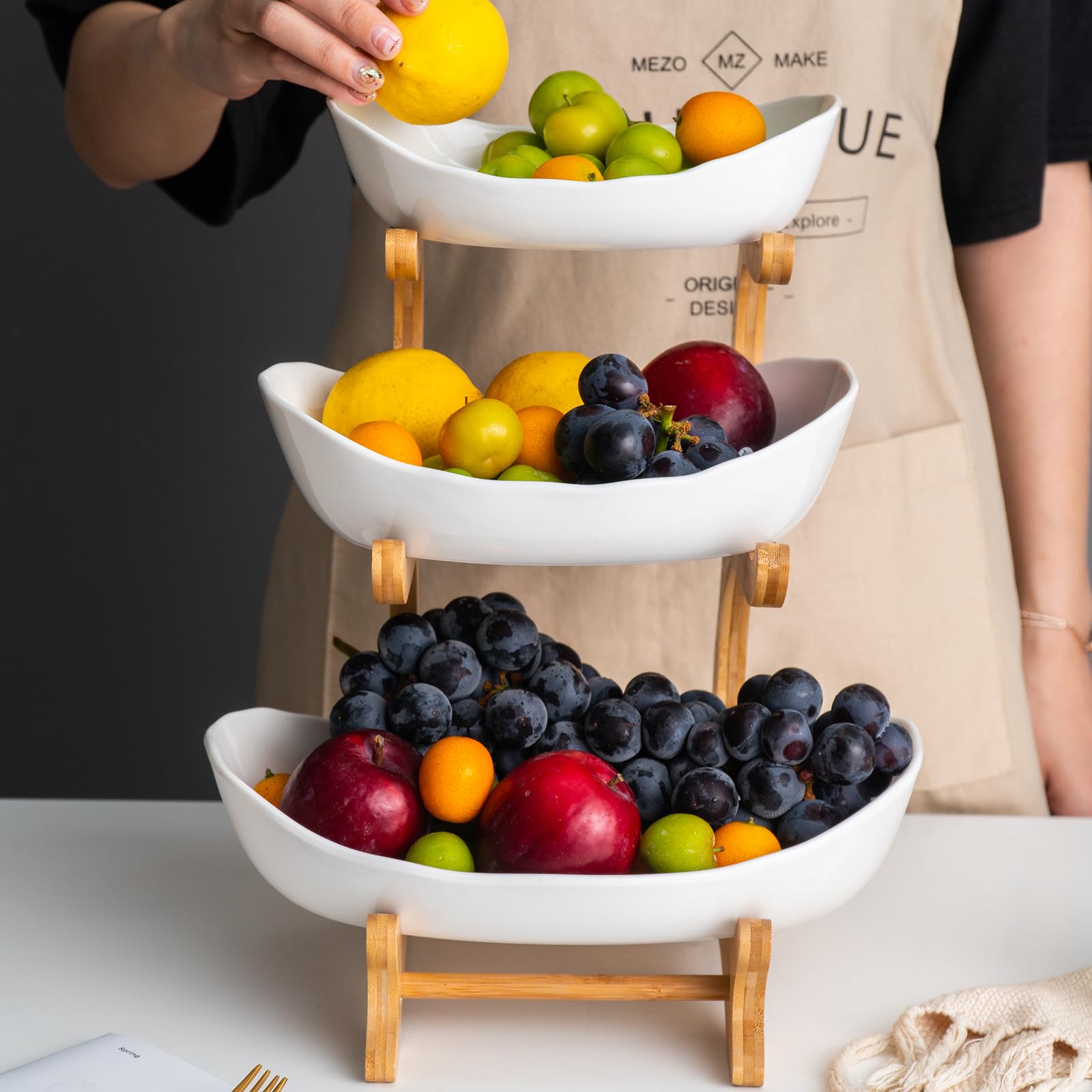YYW 3‑stöckiger Keramik‑Obstständer mit Bambusholz, Grün Snackteller