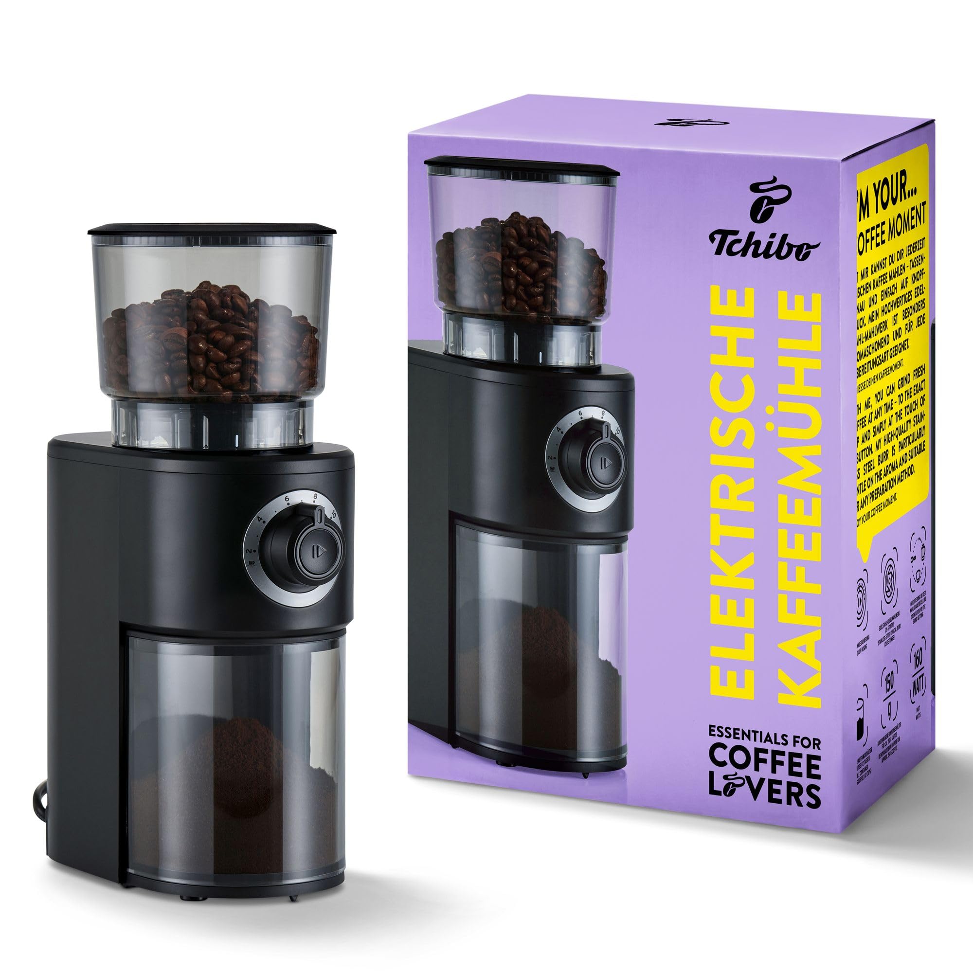 Tchibo elektrische Kaffeemühle, Edelstahlmahlwerk, 26 Mahlgradeinstellungen, Schwarz/Silber