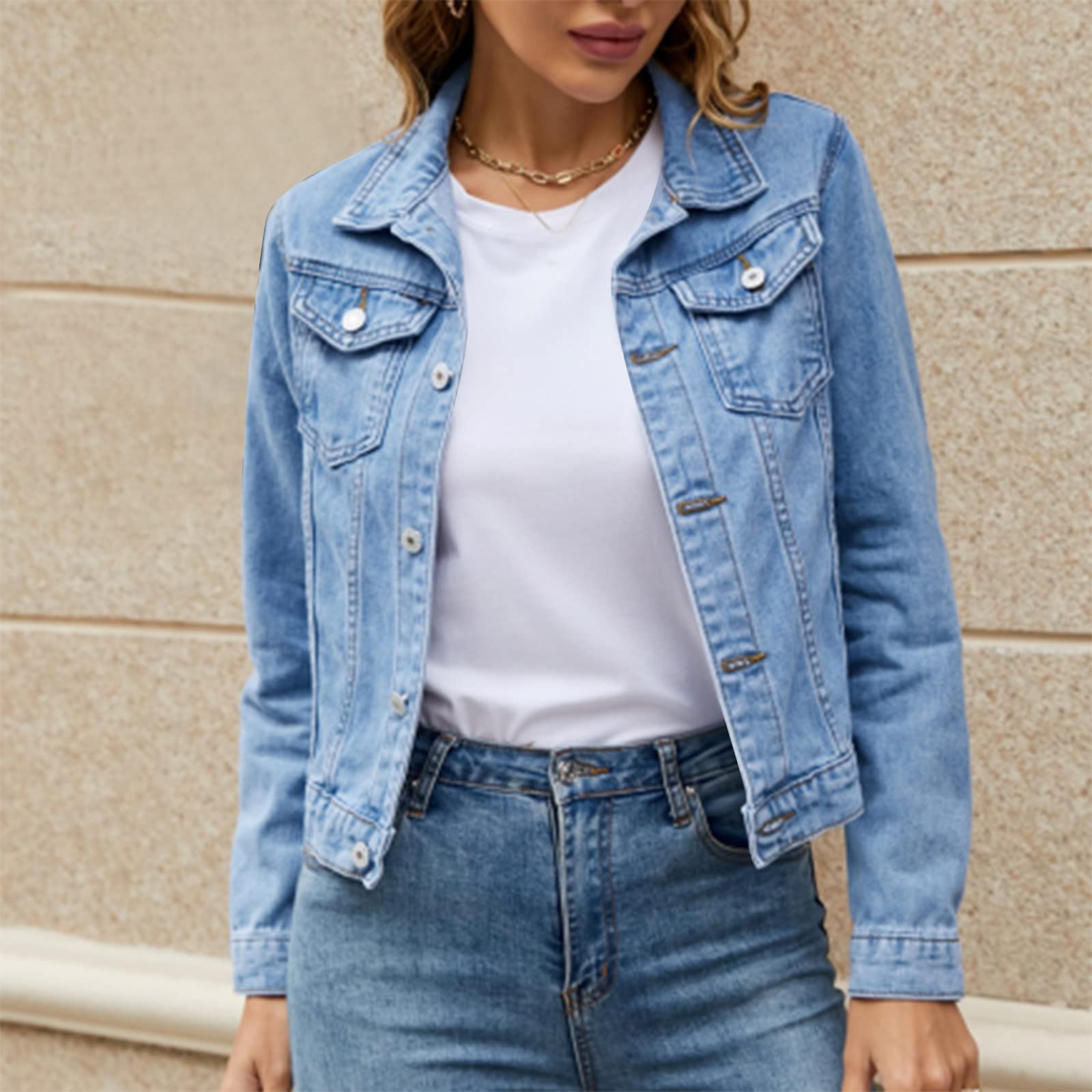 Veste basique en coton denim pour femme avec poches - Veste en jean - Blazer long - Couleur unie - Veste décontractée - Coupe-vent - Élégant blazer d'affaires