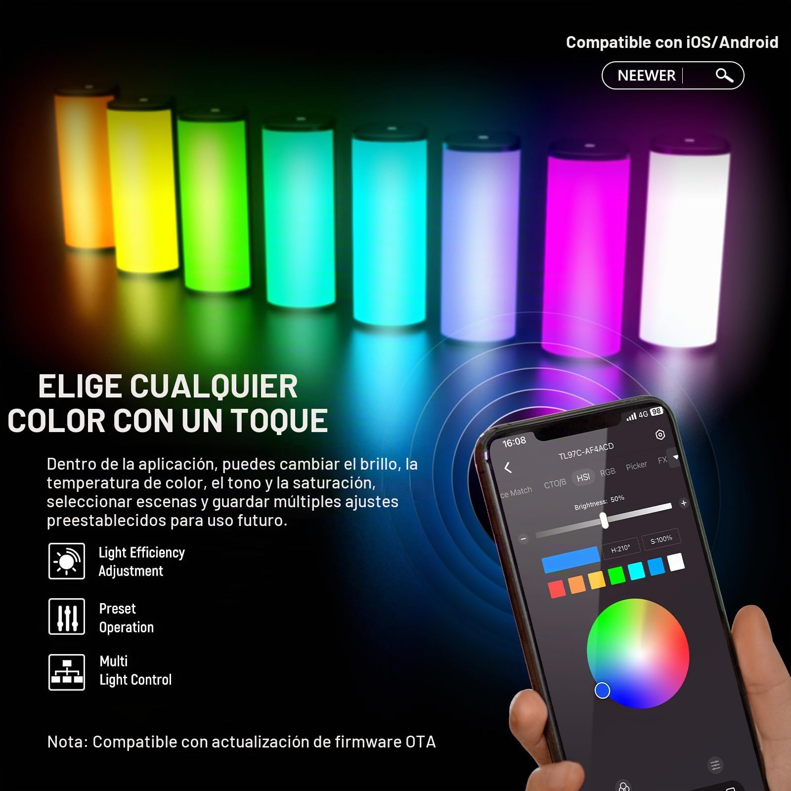 NEEWER Varita de Luz Magnética [Paquete de 2] con App Control, 360° Todo RGB Mini LED Video Barra Luz 2500K~8500K Regulable CRI 97 con Batería 2550mAh, 17 Escenas para fotografía Vlog TikTok, TL97C
