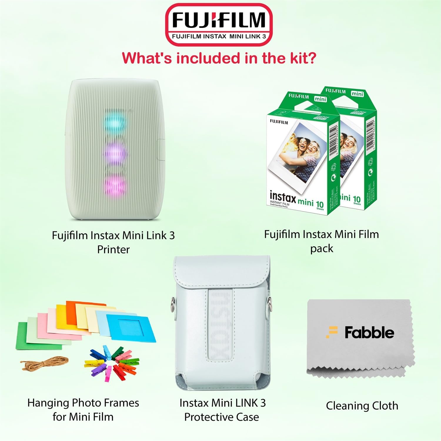 Fujifilm Instax Mini Link 3 Smartphone Printer – Sage Green Bundle with a Matching Protective Case, Twin Pack Instant Film (20 Sheets), Hanging Photo Frames, and Premium Microfiber Cleaning Cloth
