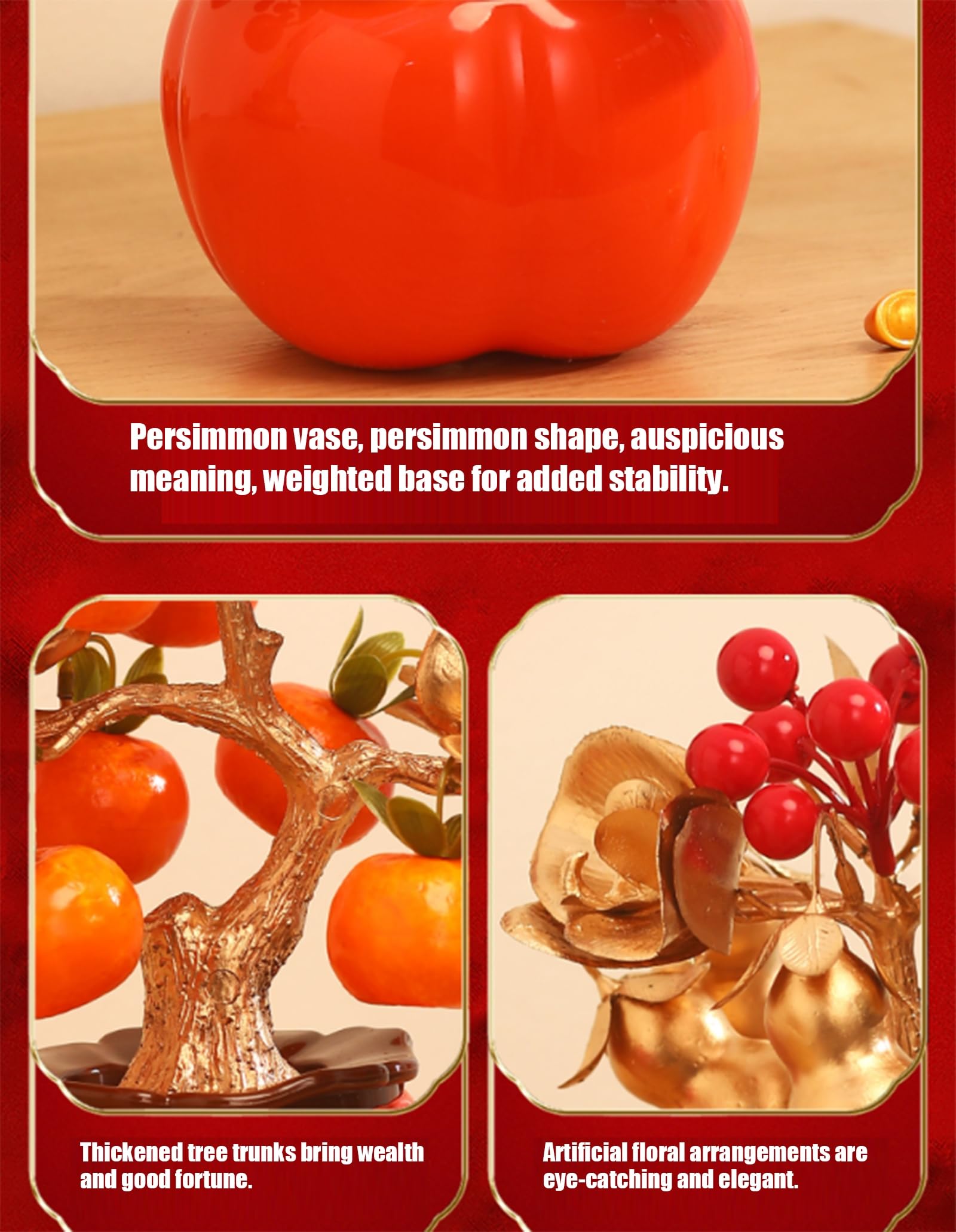 Ozdoba z persymony „Shi Shi Ru Yi" – dekoracja na chiński Nowy Rok, owoc bogactwa, rękodzieło Feng Shui, ozdoba na środek stołu do salonu, prezent na parapetówkę (28 x 33 cm),A