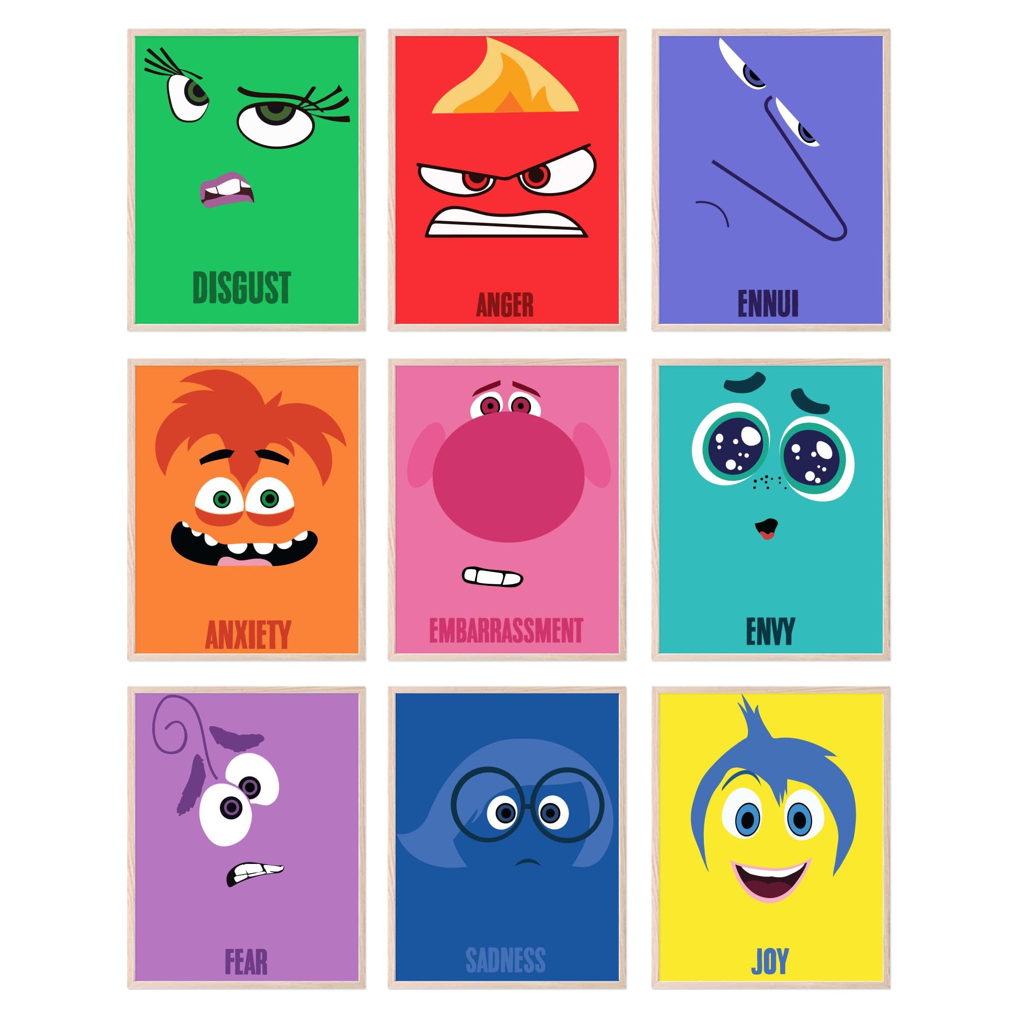 BigWig Prints Inside Out Character Wall Art - Sadness, Joy, Fear, Envy, Anger, and Anxiety Posters, Classroom Decorations, Emotion Posters for classroom, Emotional Faces Art -Unframed Set of 9 (8x10)