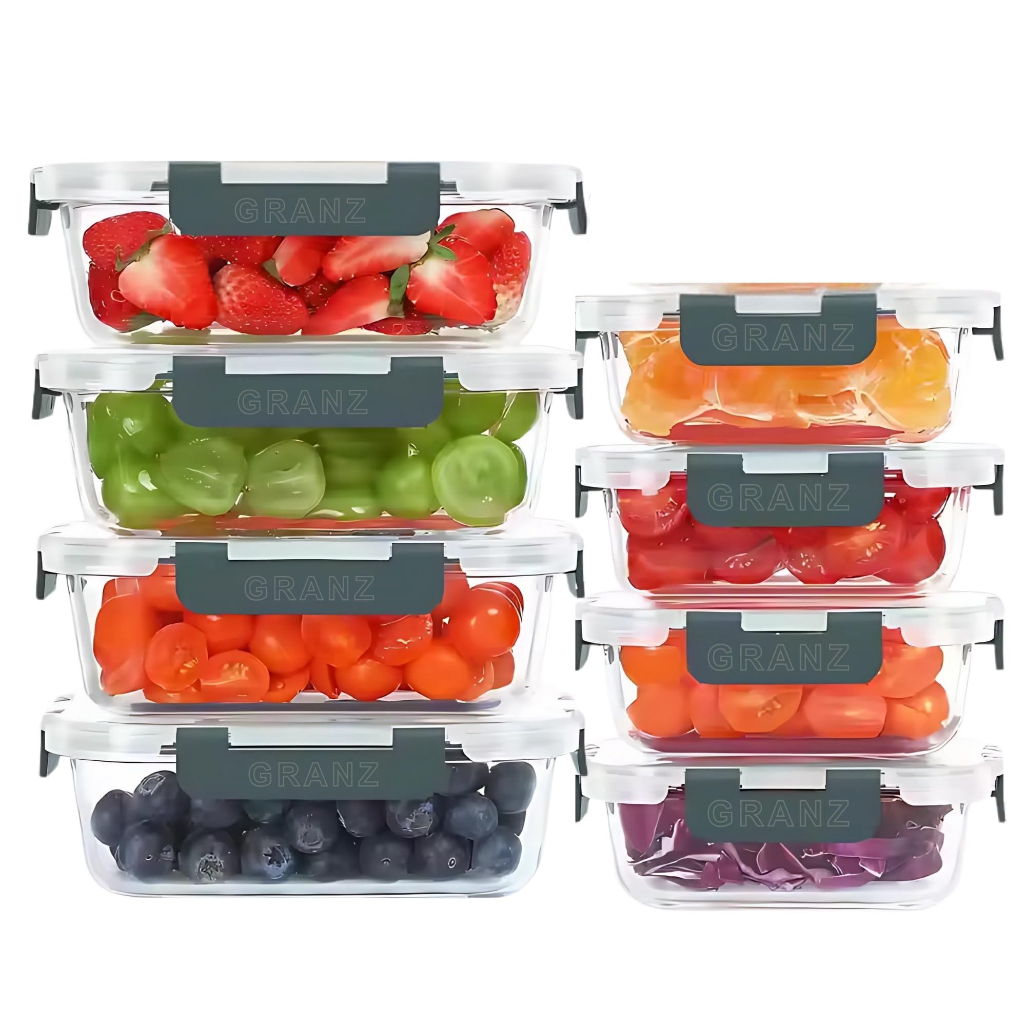 GRANZ Contenitori per alimenti in vetro, confezione da 8, senza BPA, con coperchio ermetico a scatto, a prova di perdite, impilabili, ecologici, riutilizzabili, per microonde e lavastoviglie