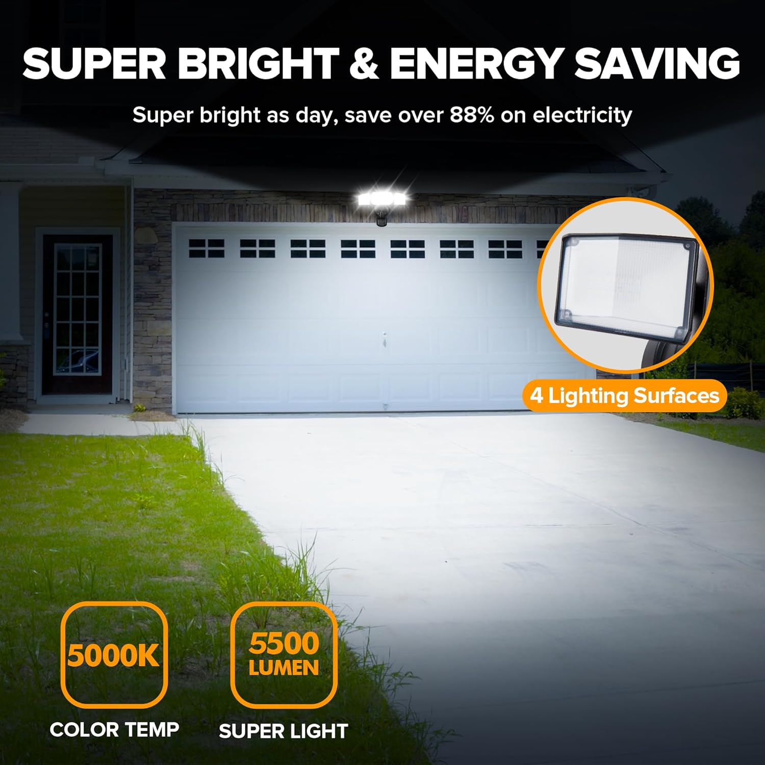 UME 2 Pack 5500LM LED Security Lights Motion Sensor Light Outdoor, 49W, 5000K Daylight, IP65 Waterproof, Dusk to Dawn, 3 Head Motion Detected Flood Light for Garage, Yard, Porch (Black)