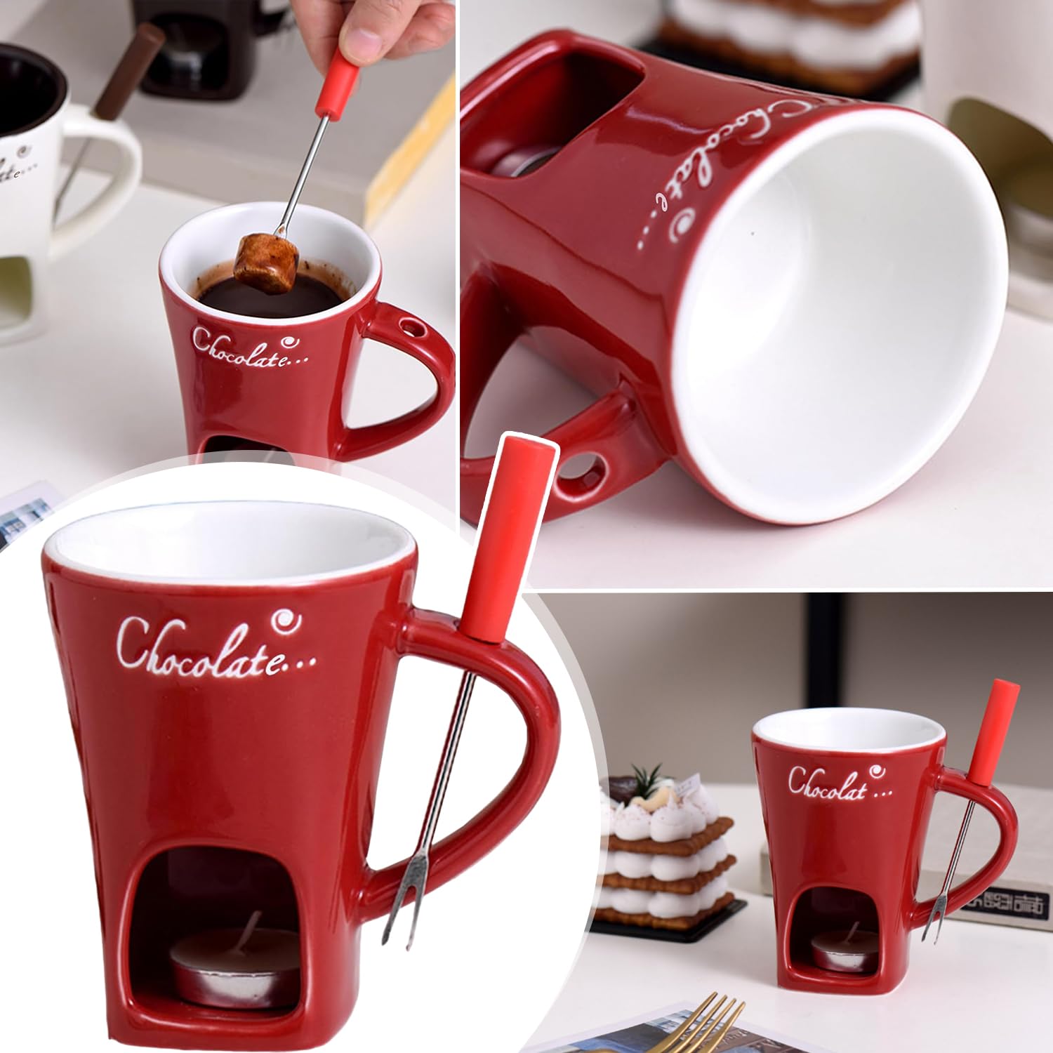Set Dessert Chocolat Set - Tasse 200ml Avec Fourchette Inox Et Bougie Chauffante Fondue Chocolat Céramique