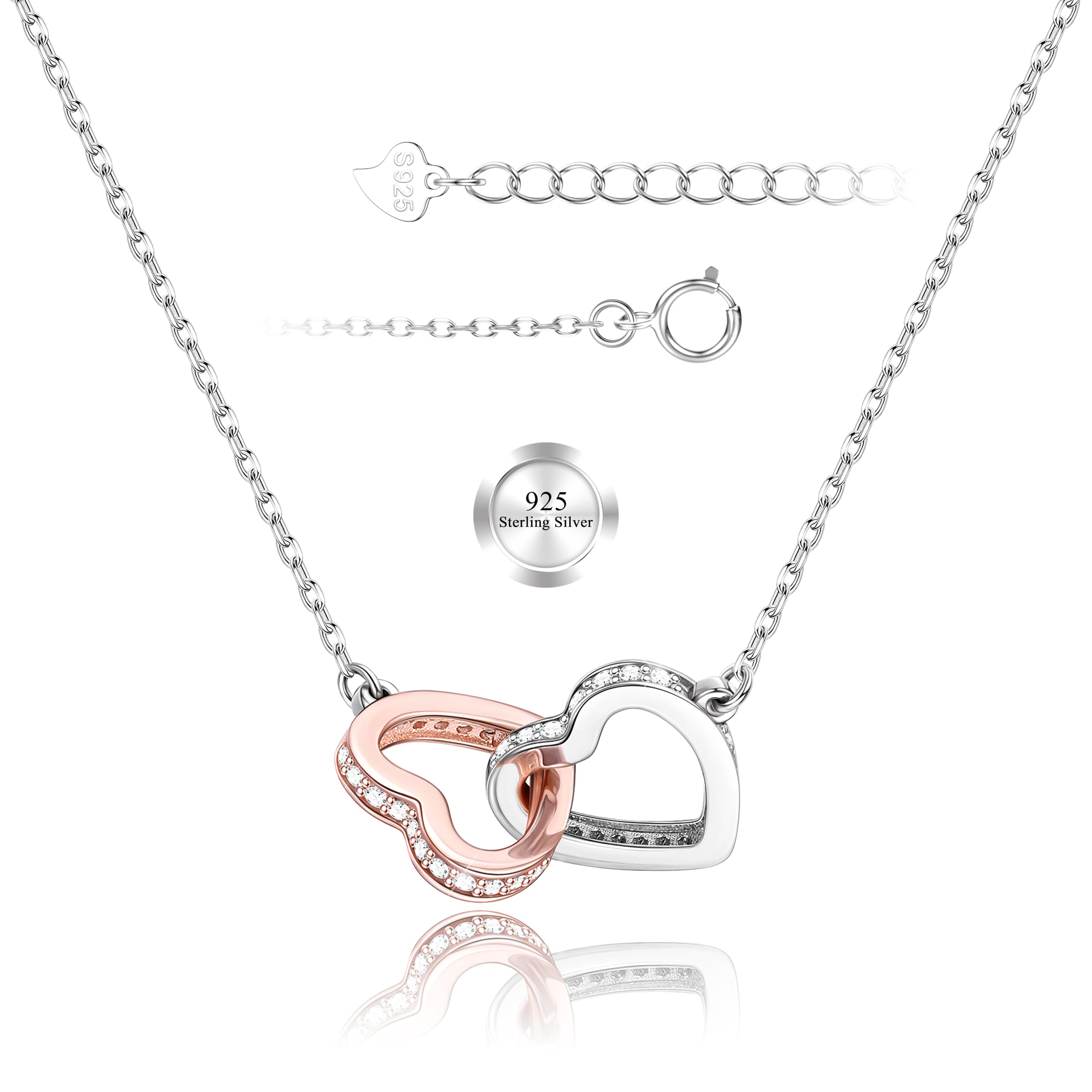 LOLIAS Collar Plata Ley 925 con Forma corazón Collares Amor para Mujer Oro Rosa y Plata 925 con Colgante corazón Cadena joyería Regalo para Novia Hija Madre cumpleaños día Madre