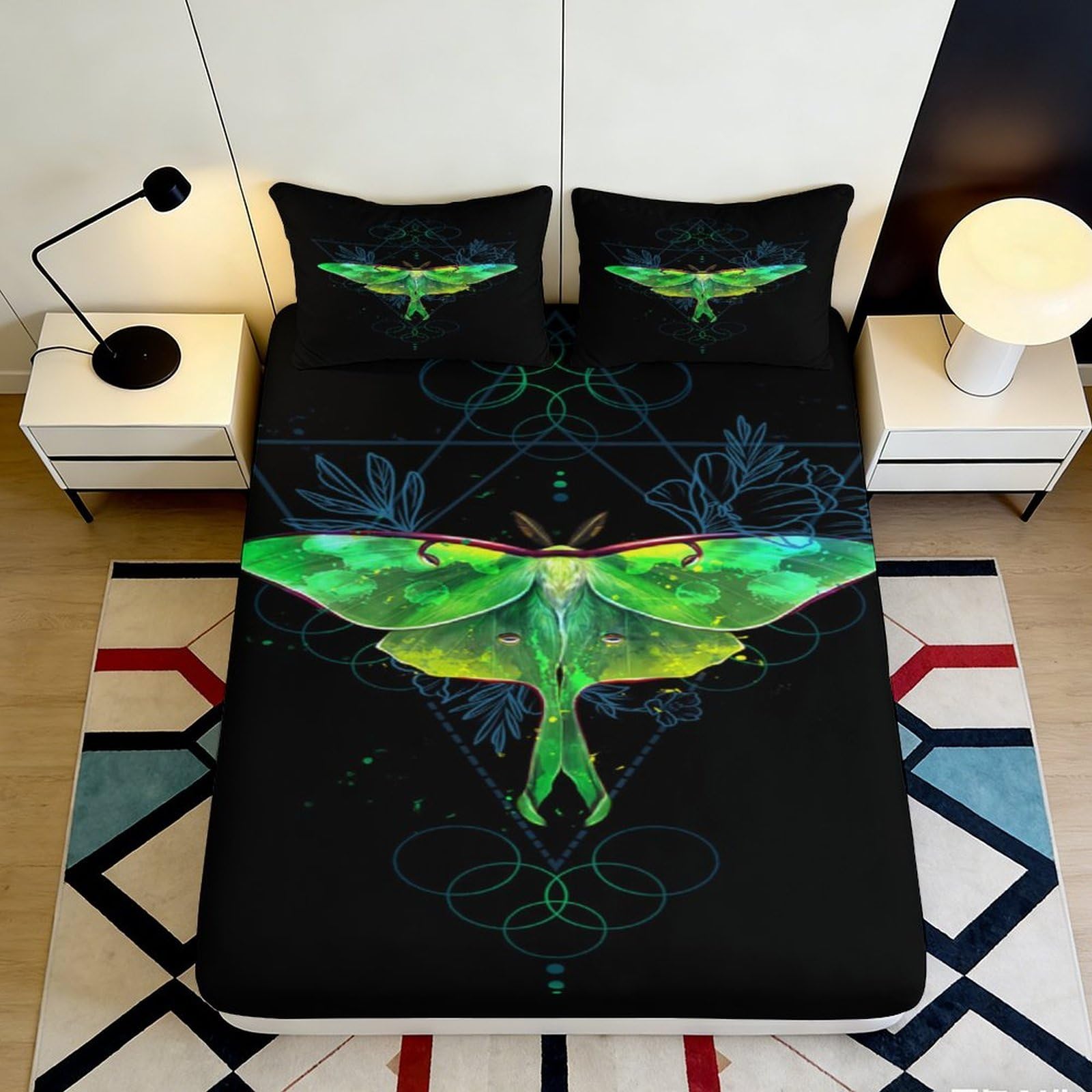 3D Printed Luminous Moth Fitted Sheet Microfiber Deep Pocket Bedroom Bedding Luminous Moth Mattress Fitted Cover Non-Slip Wrap for Adults Teens 120x200x25cm