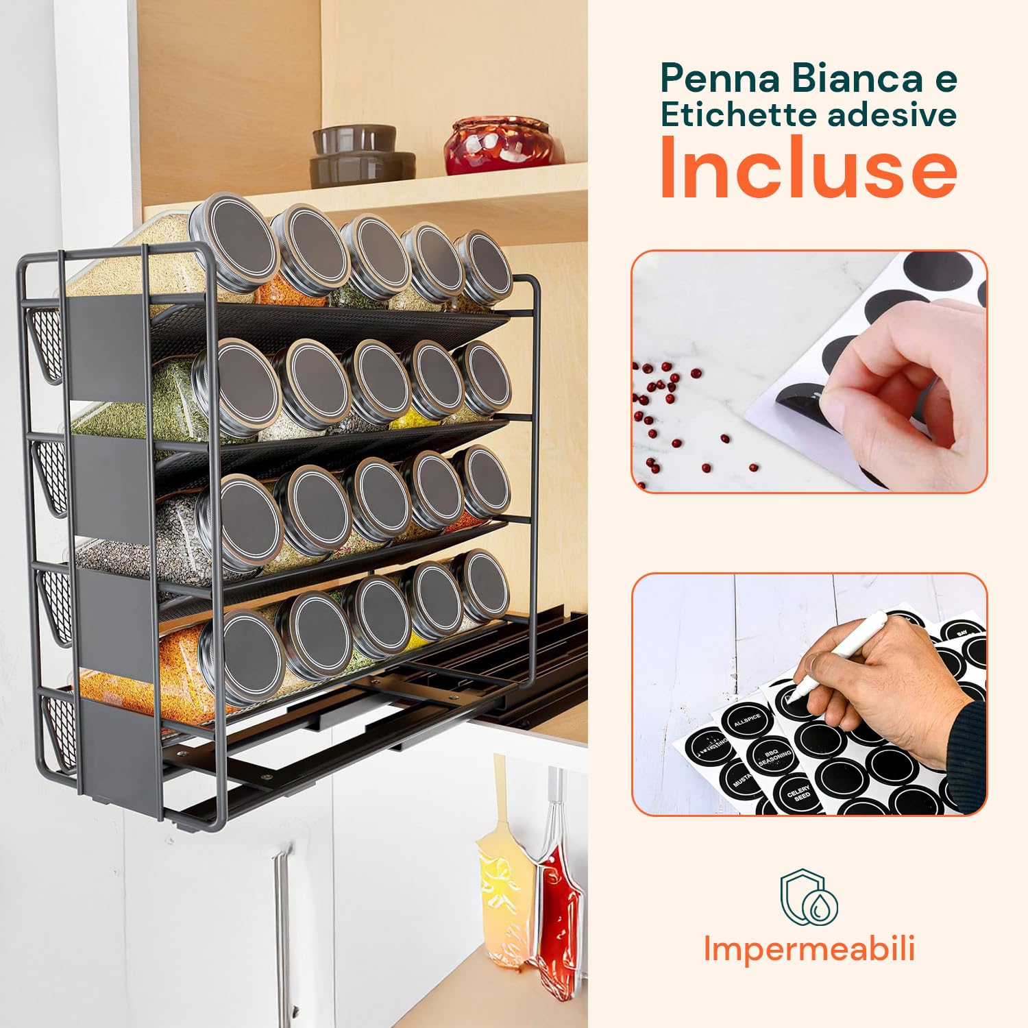 Avilia - Porta Spezie per Cucina con 20 Barattoli Vetro, Struttura Estraibile Salvaspazio, Etichette Impermeabili, Imbuto Silicone e Penna Inclusi