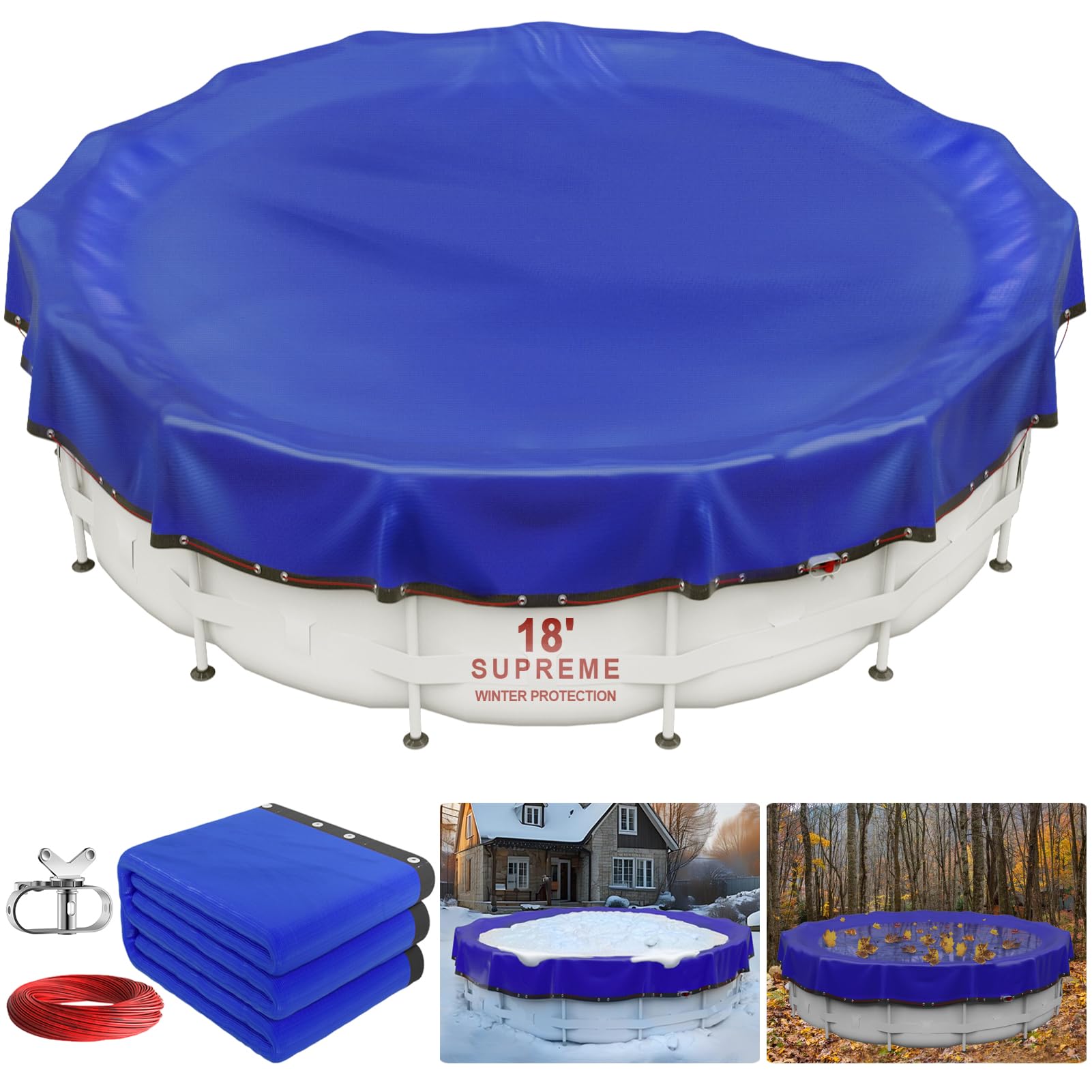 ?New Upgrade? Winter Pool Cover 18 ft Round for Above Ground Pools, Extra Thick Durable Above Ground Swimming Pool Protection Cover, Encryption Grommets,Cold and UV Resistant with Premium Winch,Cable