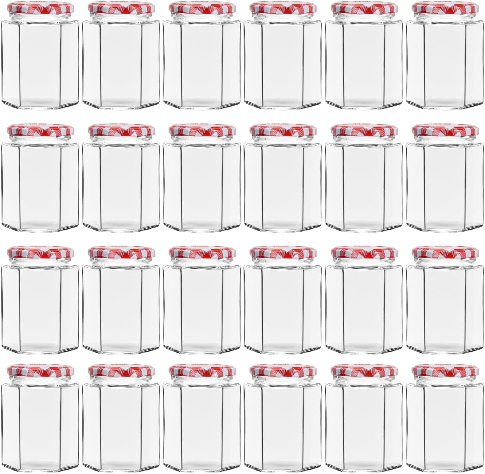 24 Pack 9 oz Hexagonal Glass Jars with Red Gingham Lids, Glass Canning & Jam Jars for Pickle, Sauce, Candy, Jelly, Wedding Favors & Craft Projects