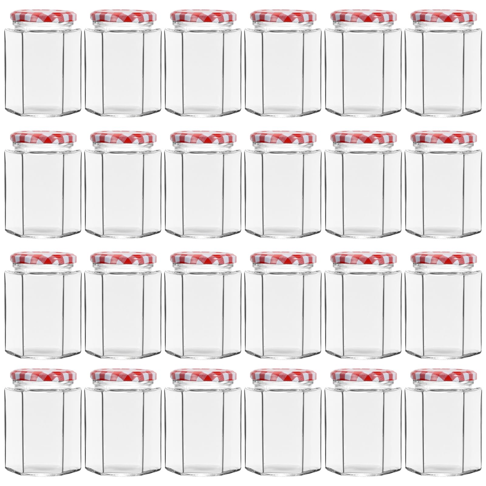 9oz Hexagonal Glass Jam Jars with Red Gingham Lids,24 Pack Pickle Jar Glass Canning Jars for Jam,Sauce,Candy,Jelly,Wedding Favors or Jars Crafts