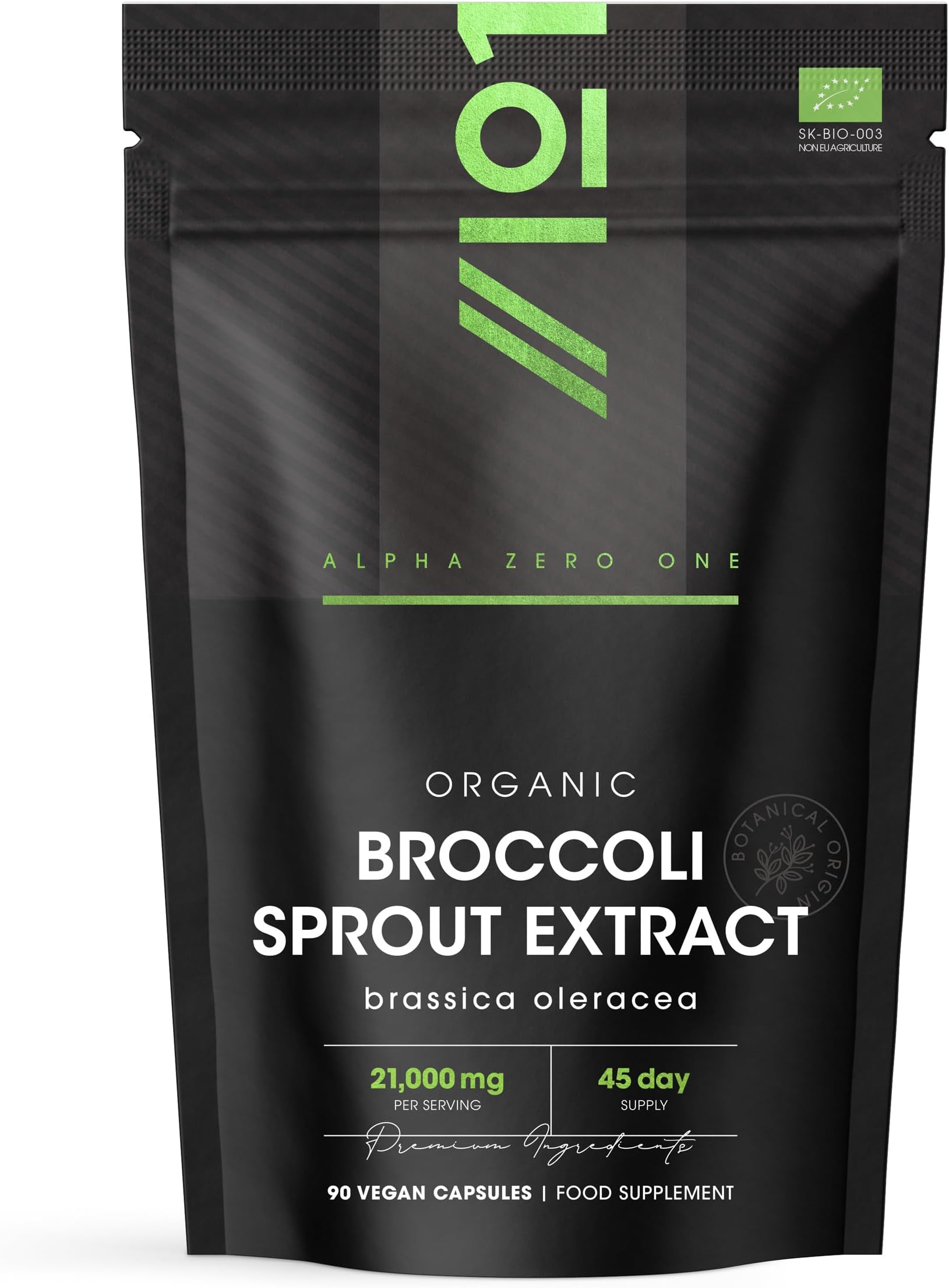 Organic Broccoli Sprout Extract 21,000mg - 90 Vegan Capsules - High Strength 15:1 Brassica Oleracea Supplement Extract - Resealable and Recyclable Pouch - By Alpha01