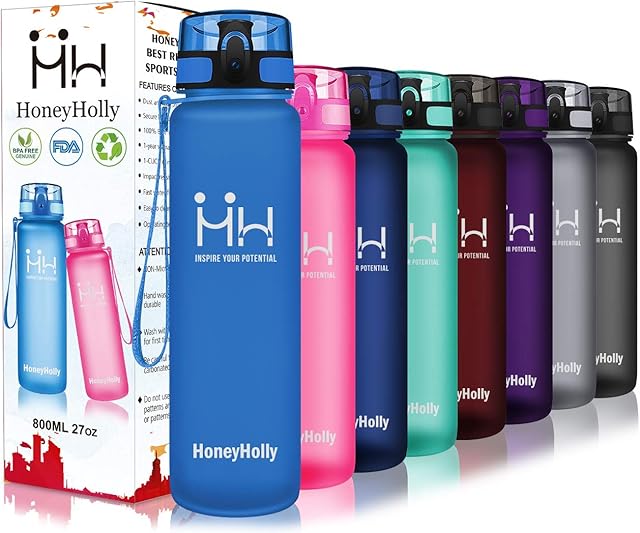 HoneyHolly 1L Water Bottle, with Time Markings Leak Proof, Drinks Bottle, with Filter, BPA Free Non-Toxic Reusable, Gym Water Bottle, for Running, Travel, Adults | Waterbottle, 1 Litre Water Bottle