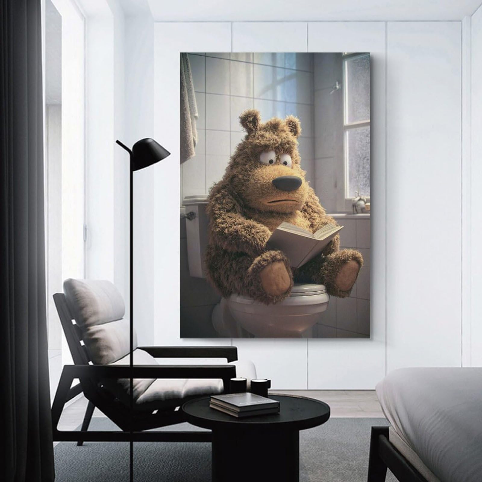 Junmoney Bear Reading on Toilet Canvas Wall Decor, 16x24inch(40x60cm), for Gallery Wall Decor And Room Displays, Wall Decor Suited to Curated Displays