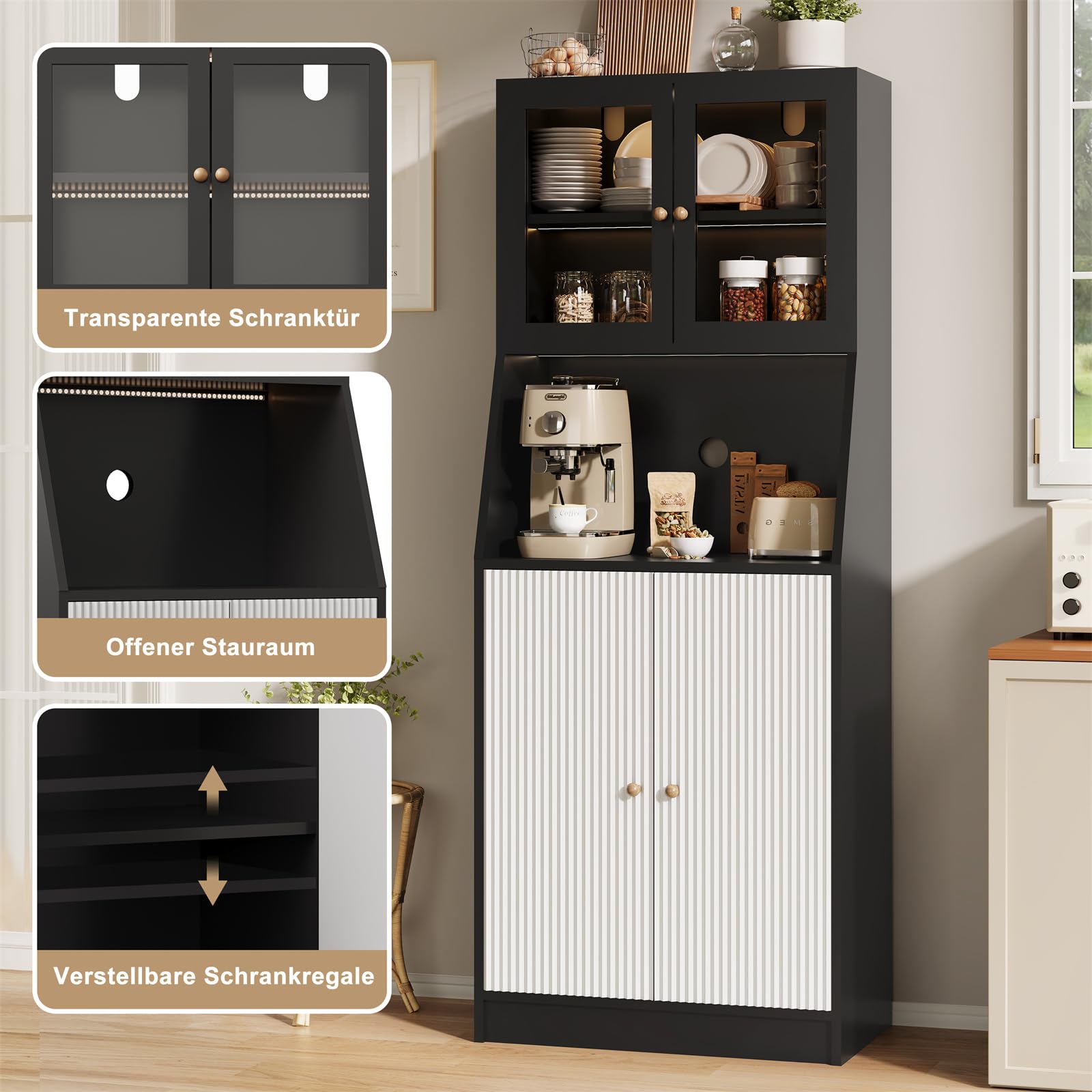 Küchenschrank mit Arbeitsfläche, Buffetschrank mit LED, Mehrzweckschrank, pantryküche, Vorratsschrank mit verstellbaren küchenregal, Küche, Wohnzimmer, Esszimmer, Kabelloch,Schwarz,180x70x40cm