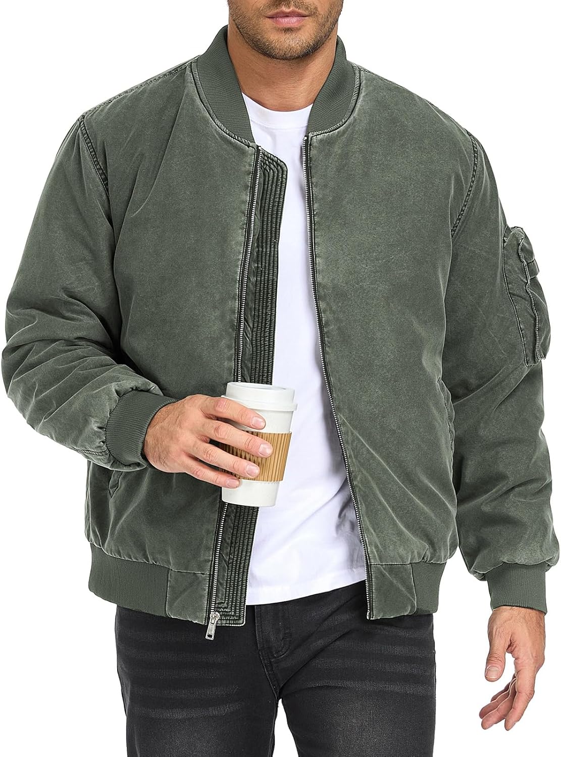 Men's Vintage Bomber Jacket Washed Military Jacket Casual Zip Up Flight Jacket Windbreaker - Image 3