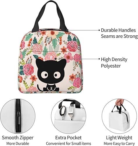 Miniatura 6 de Bolsa de almuerzo con diseño de flores de gato negro para hombres y mujeres, pequeña lonchera aislada, reutilizable, portátil, bolsas de mano para