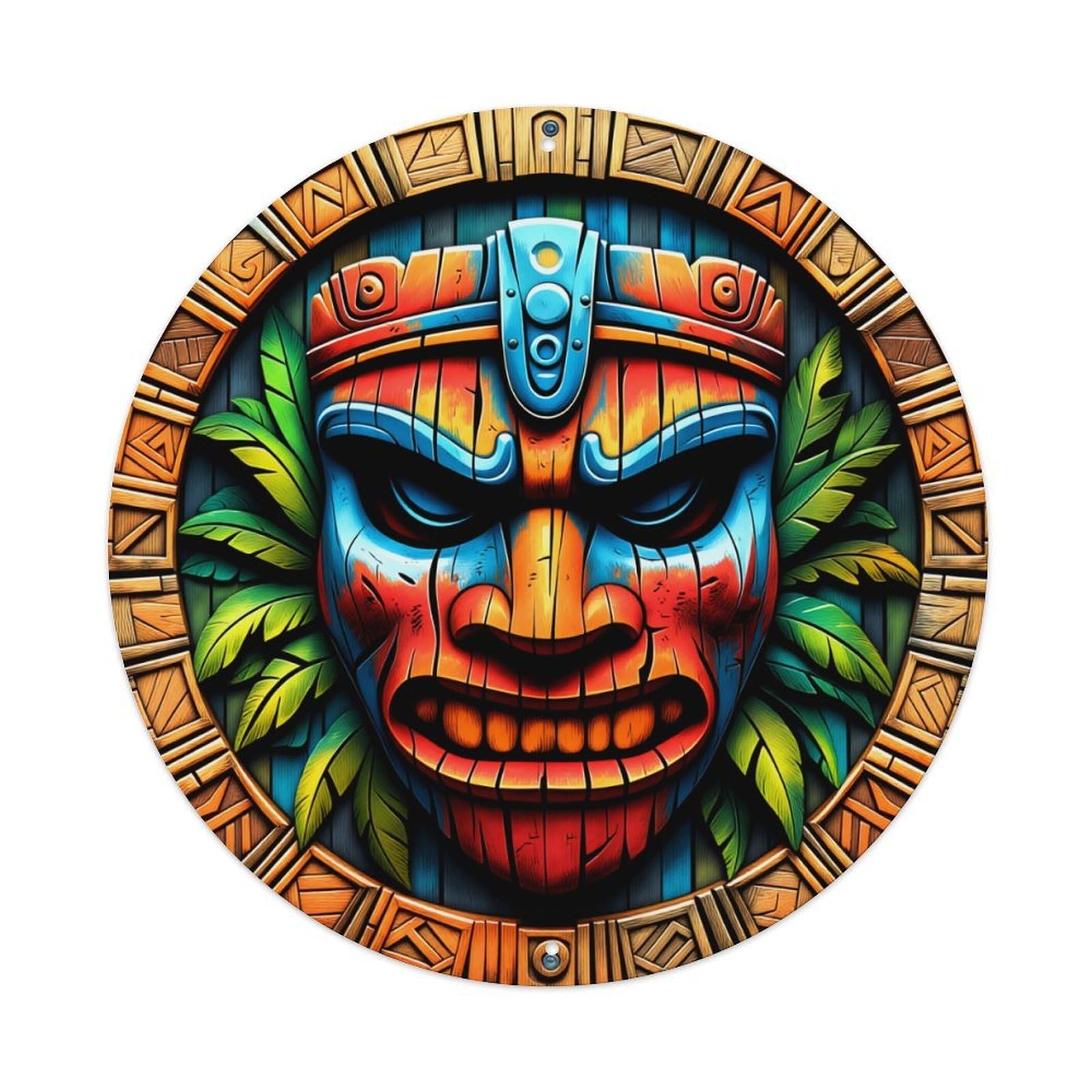 Tiki Mask Tribal Art Colorful Design Leaf Pattern Circular Art Round Vintage Tin Sign,Retro Wall Art,Metal Poster for Home, Bar, Garage, Cafe, Rustic Indoor & Outdoor Decor, 8x8 Inches