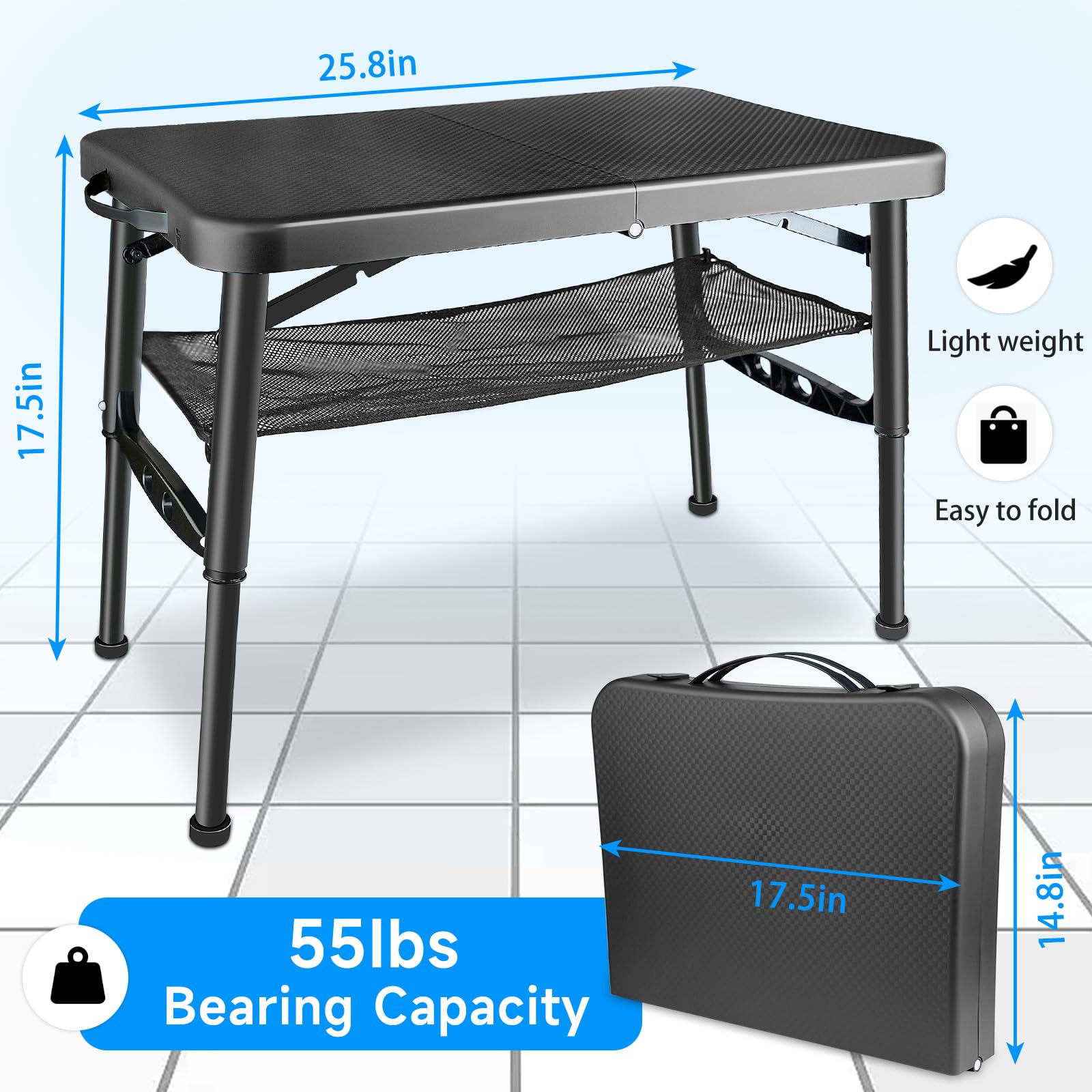 maliven Folding Camping Table, Portable Small Folding Table with 4 Heights Adjustable Legs for Outdoor Picnic Beach, Indoor Computer Table, Lightweight Foldable Camp Table with Mesh Layer