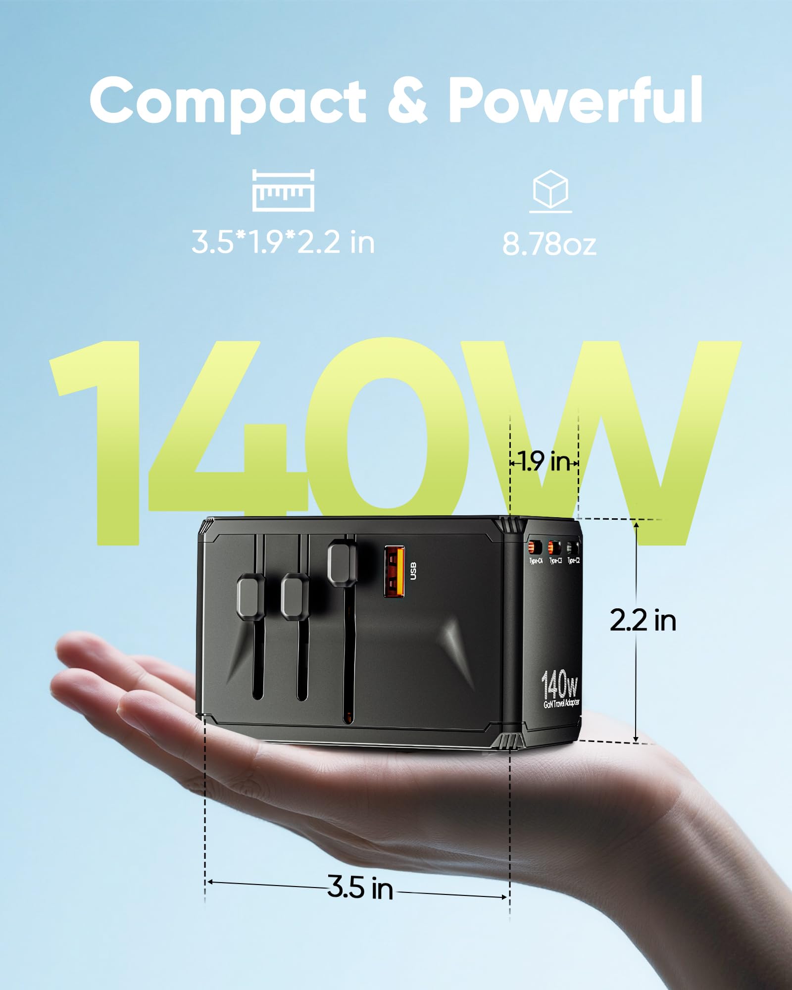 TenTrend - Adattatore da viaggio universale, adattatore CA internazionale da 140 W con 4 porte USB-C e 1 porta USB-A, adattatore spina da viaggio europea, essenziale in tutto il mondo