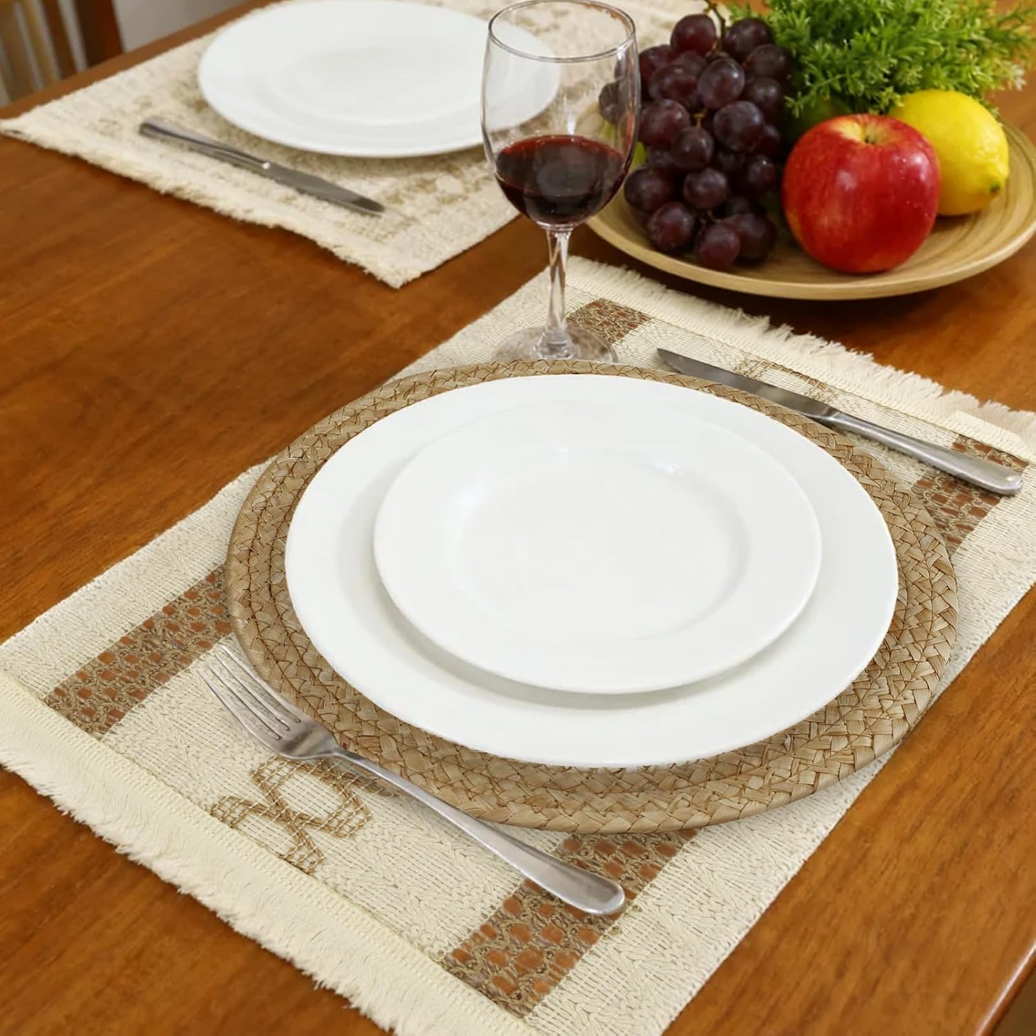 Neween Handmade Woven Placemats Set of 6, Natural Cotton Burlap and Water Straw Boho Combination Table Mats, Macrame Décor and Farmhouse Rustic Braided Wicker Place Mats for Dining Table, Home Decor