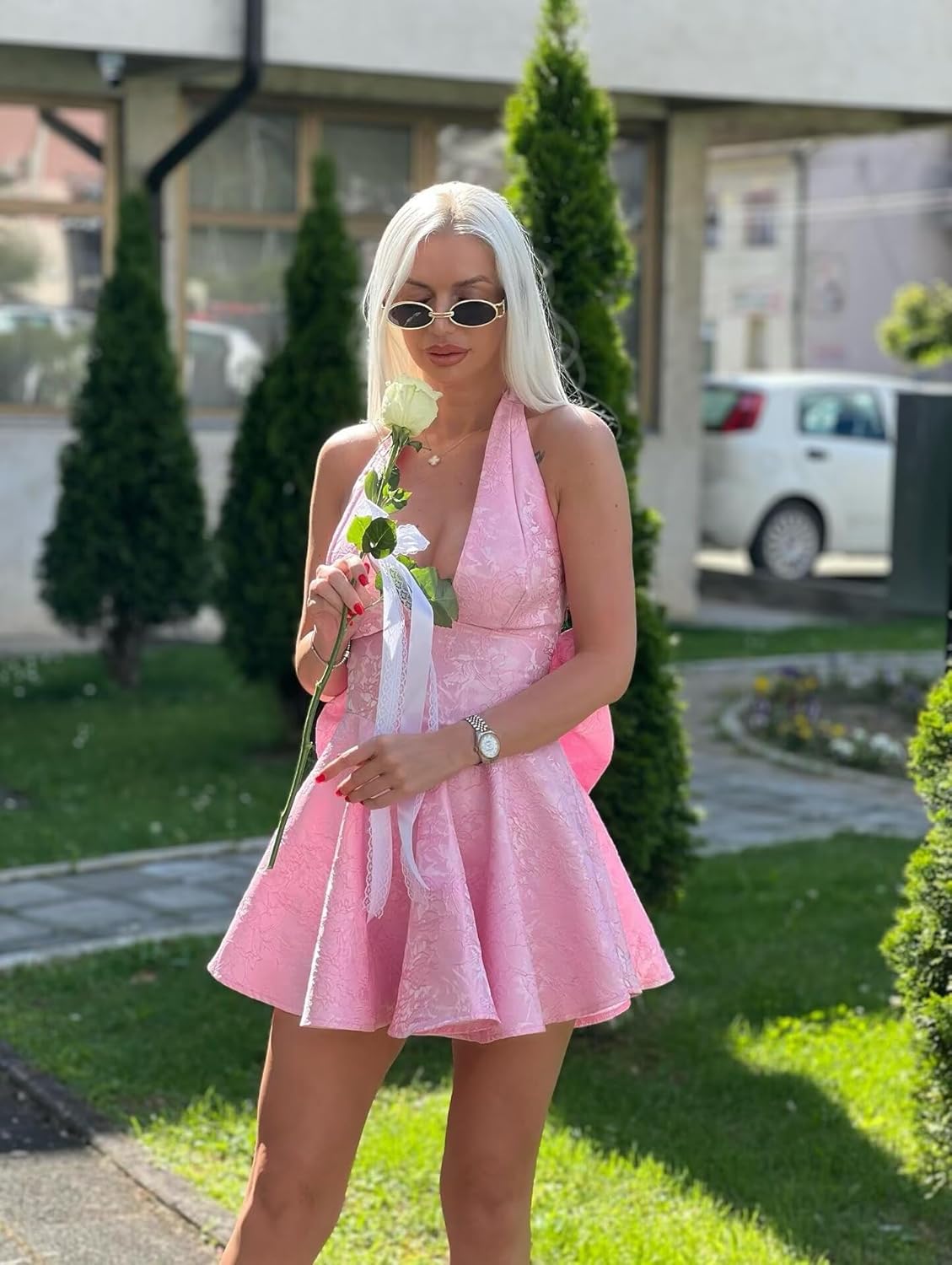 Halter Satin Homecoming Dresses for Teens Jacquard A-Line Short Prom Dress Backless Cocktail Formal Gowns with Bow - Image 3