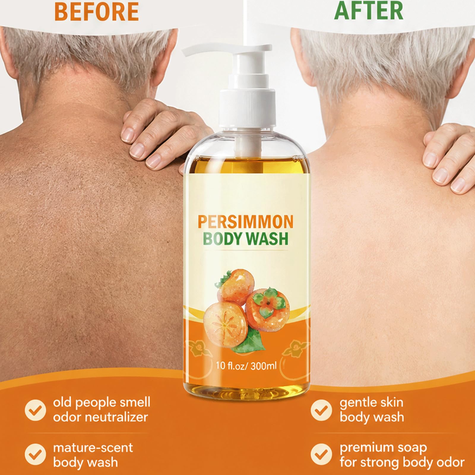 Persimmon Body Wash dla osób starszych Zapach - Neutralizator zapachów o dojrzałym zapachu, Delikatny płyn pod prysznic do skóry, Dezodoryzujący środek czyszczący dla kobiet i mężczyzn, (5 szt)