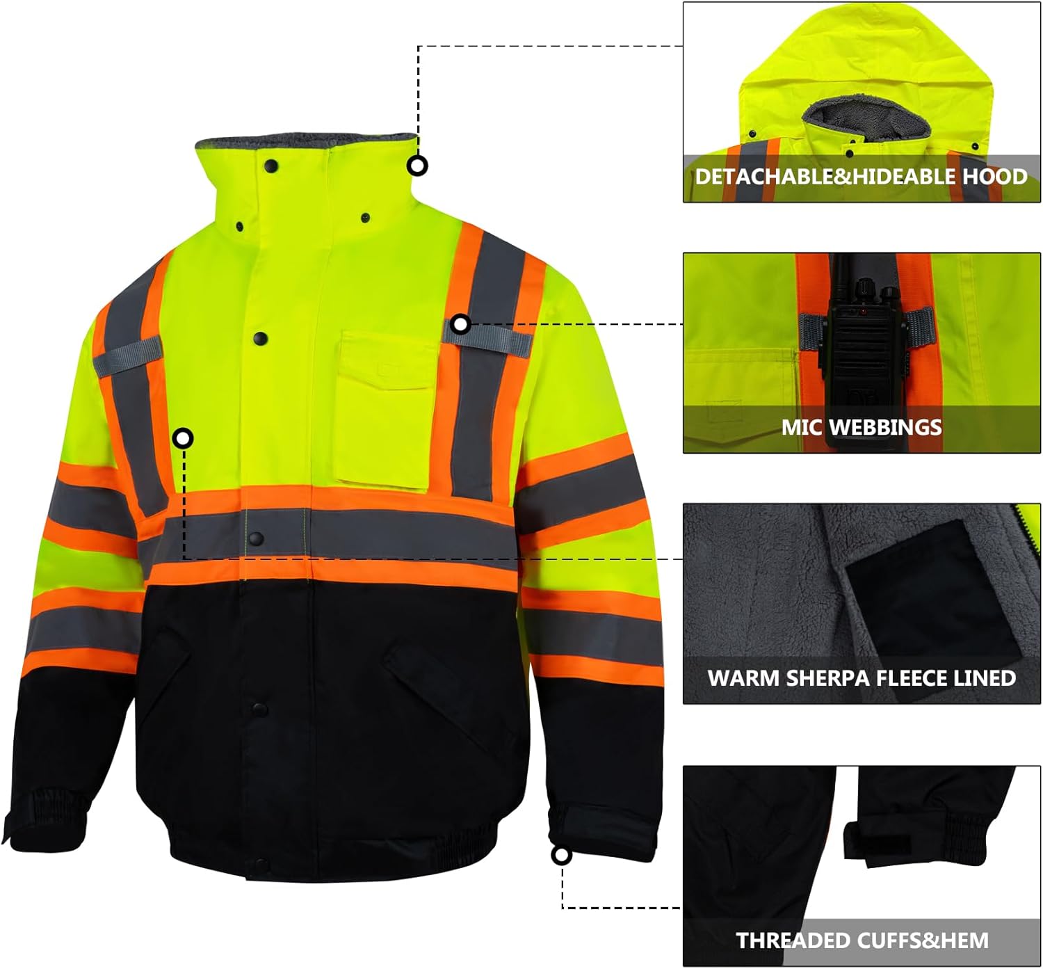 VENDACE High Visibility Reflective Safety Jackets for Men Sherpa Fleece Lined ANSI Class 3 Hi Vis Construction Work Jacket - Image 5