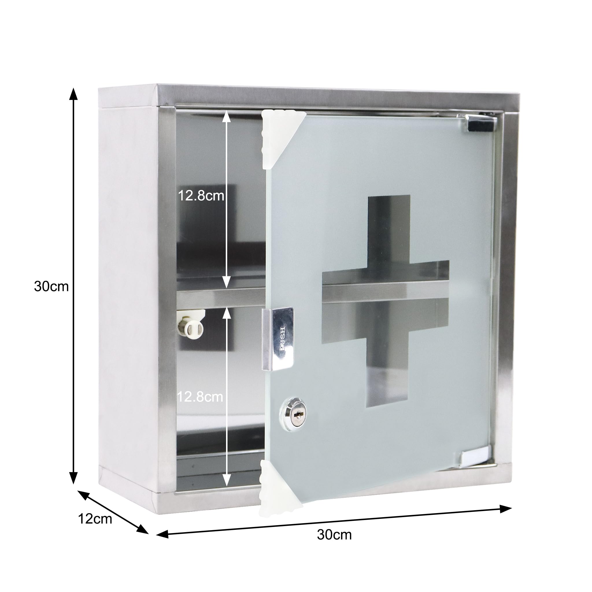 Aufun Medizinschrank aus Edelstahl, abschließbarer Arzneischrank Hausapotheke mit Glas Tür, Erste Hilfe Schrank, 2 Fächer für zu Hause, Silber, 30x30x12cm
