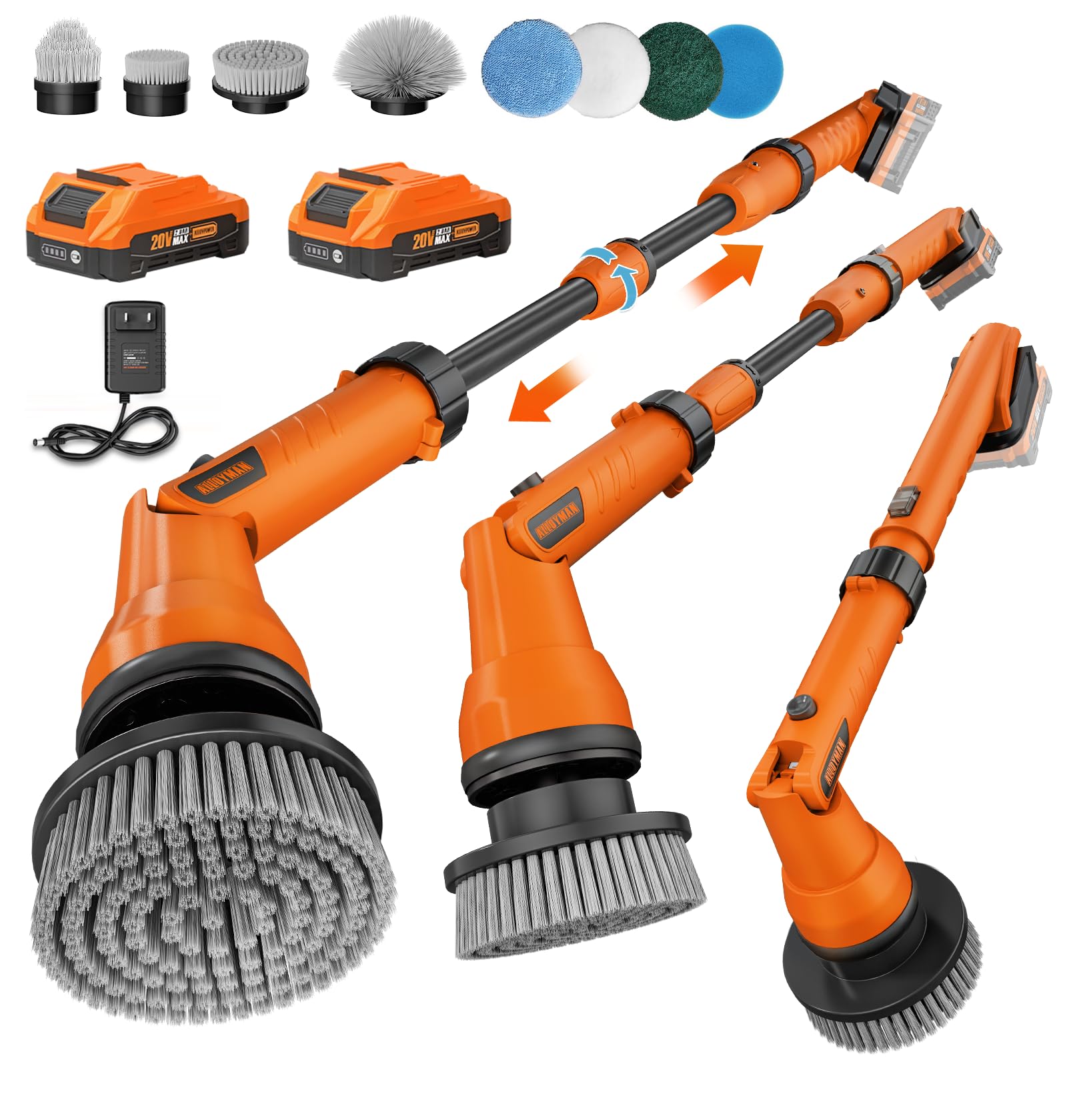 20V Electric Scrubber for Cleaning Floors, Walls - 2 Replaceable Battery Design for Outdoor Garden and Patio Cleaning Stubborn Stains, Telescopic Handle,8 Replaceable Brush Heads